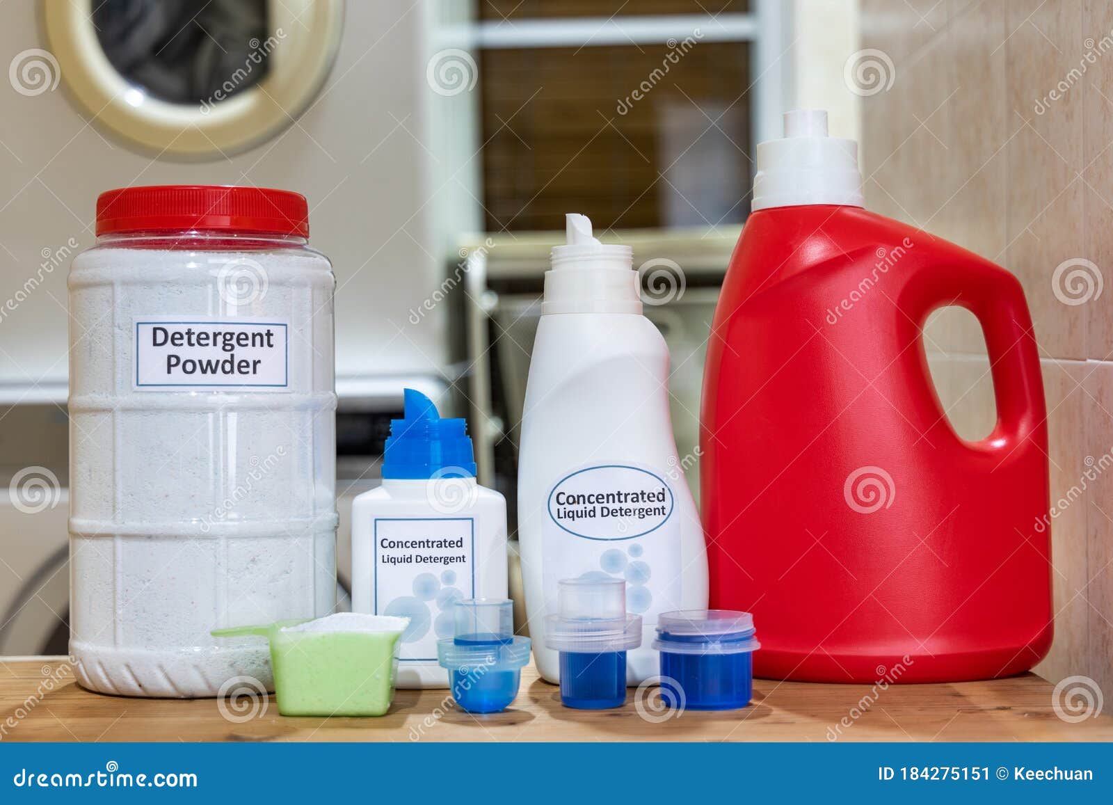 Various Format of Powder and Liquid Laundry Detergent Against Backdrop