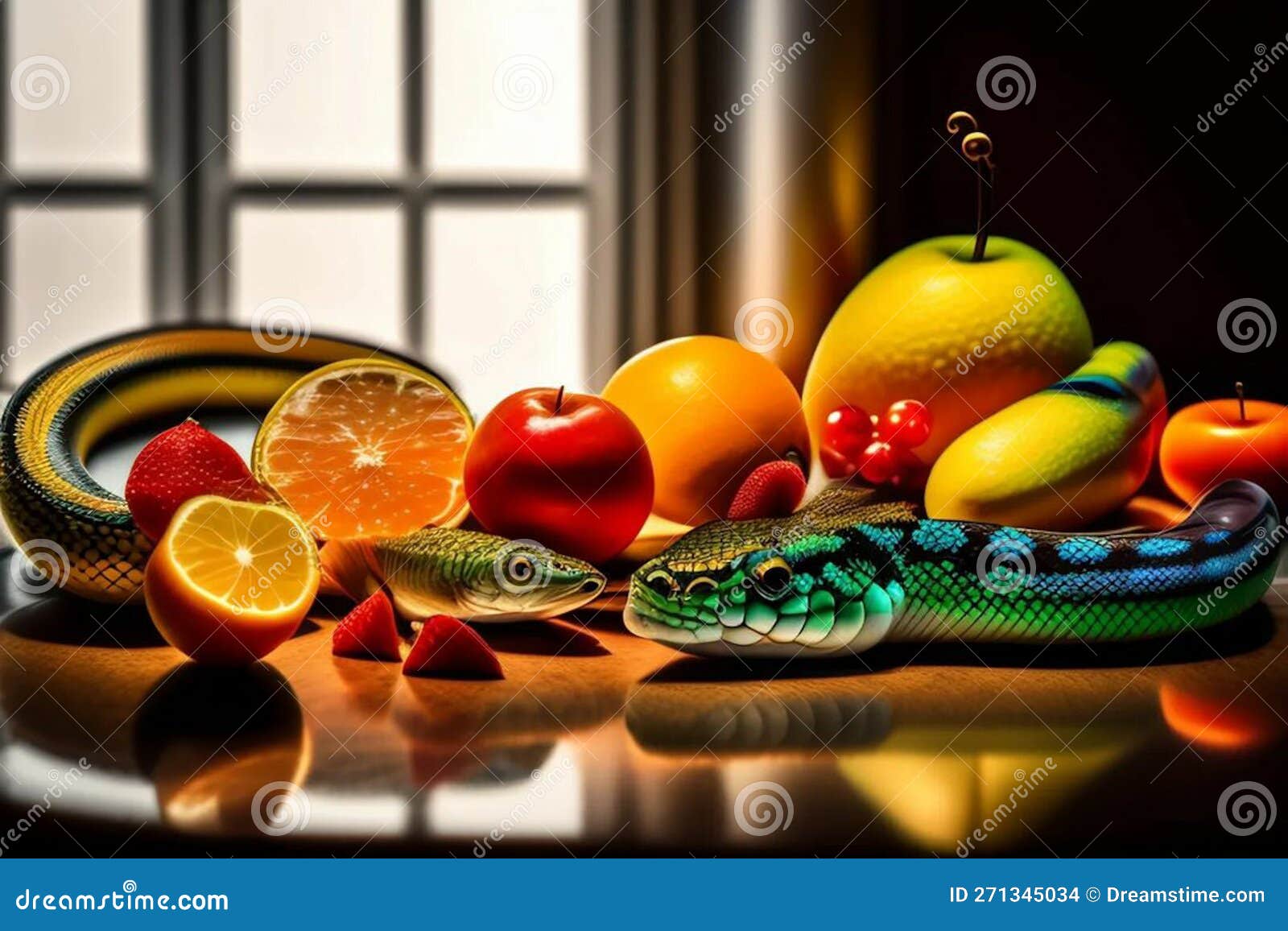 Various Fresh Fruit and Snakes in One Photo Stock Illustration