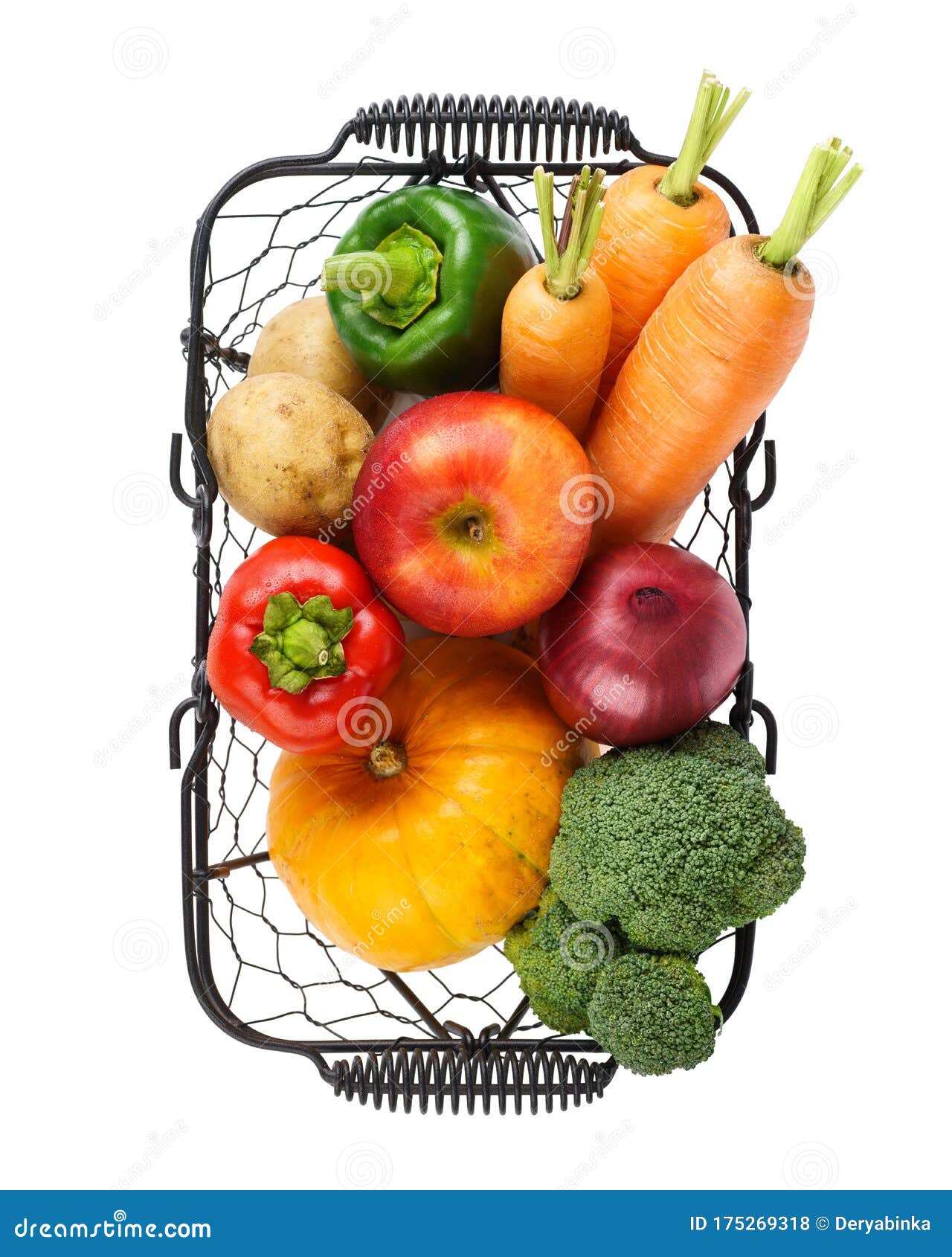 Various Fresh Vegetables and Fruits in a Wire Basket. Isolated Stock