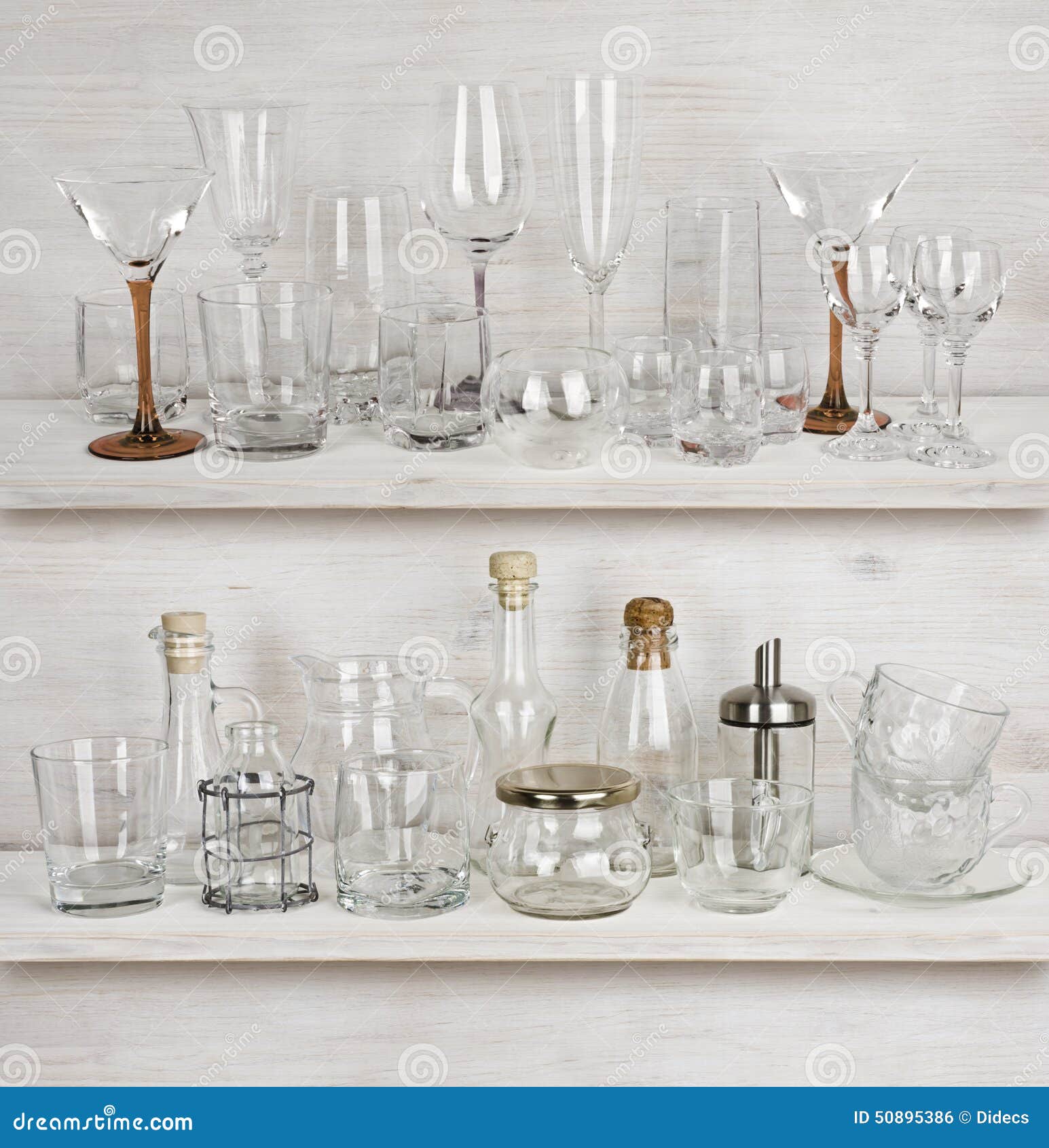 Various Glassware Collection on Wooden Shelves Stock Photo Image of