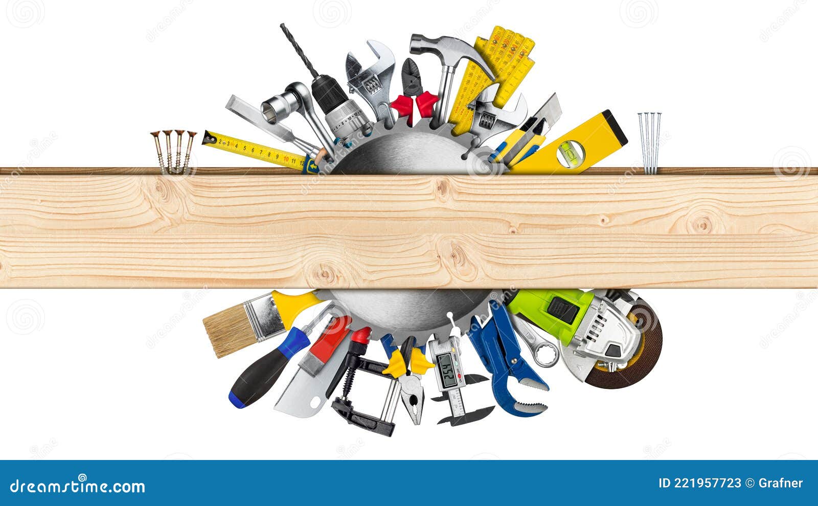 various hand working tools and buzz saw blade behind wooden plank with copy space  white background. diy hardware store