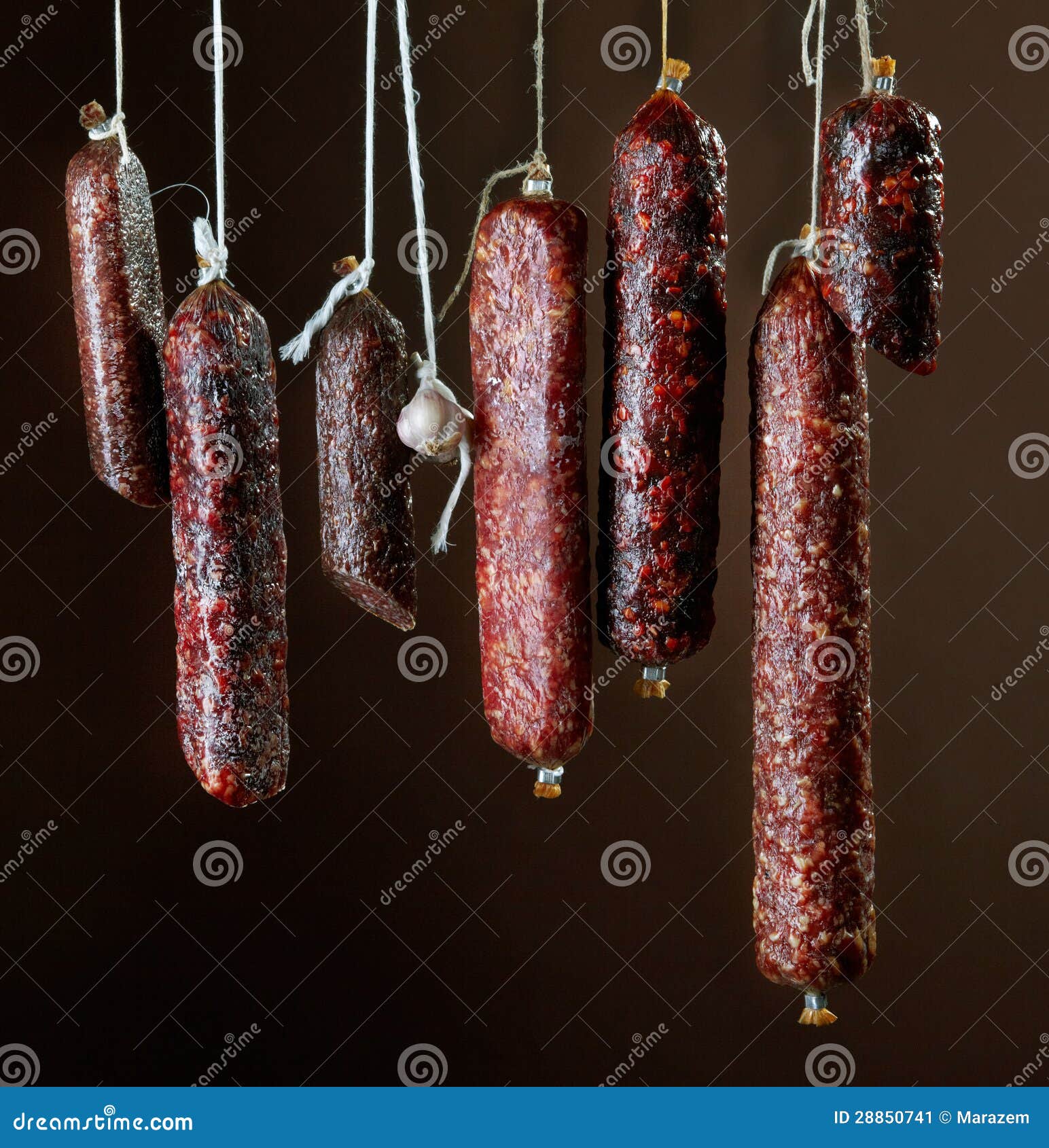 Various Hanging Salami Sausages Stock Image Image of pork, cured