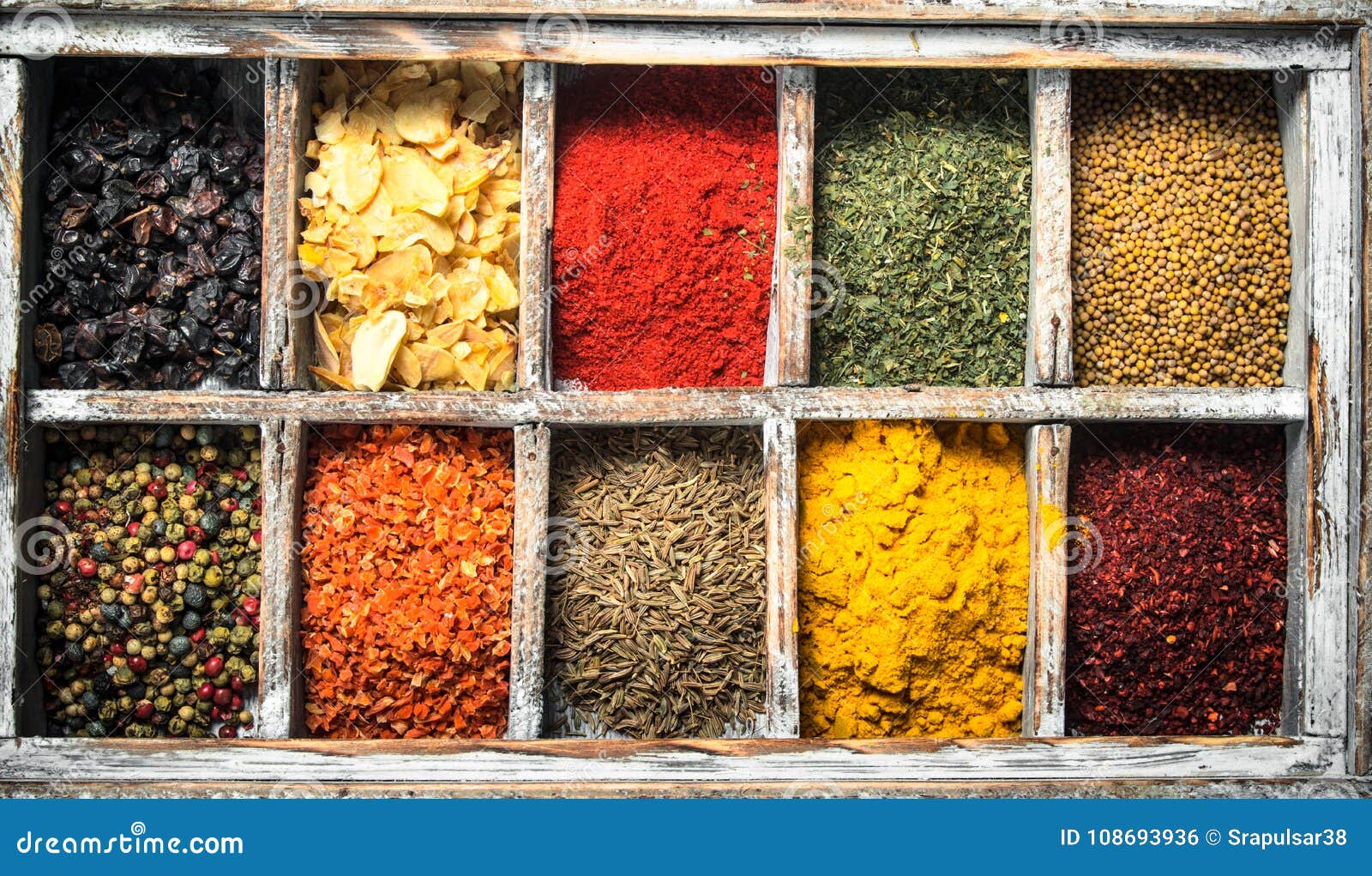 Various Herbs and Spices in Special Box. Stock Photo Image of green