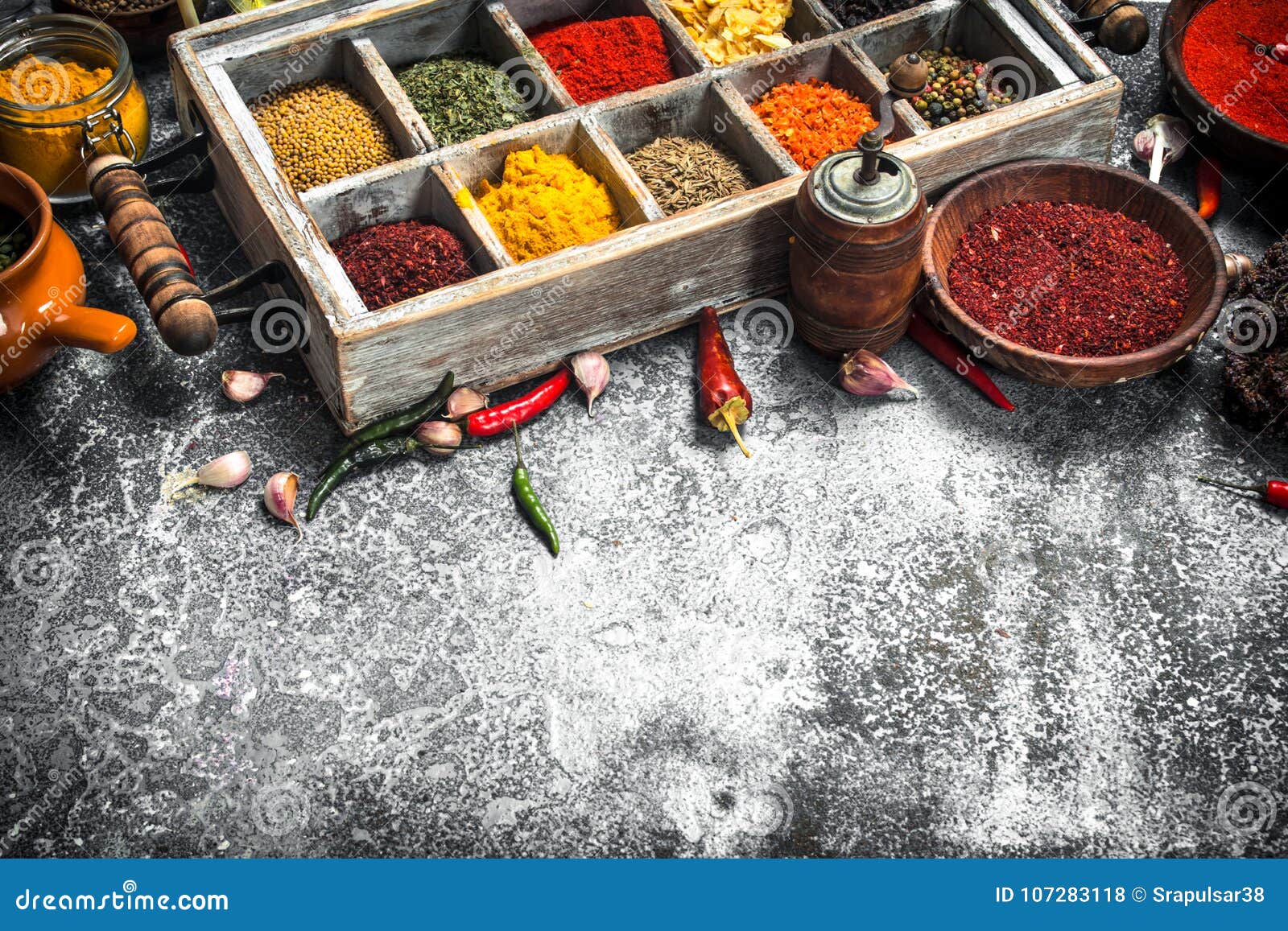 Various Herbs and Spices in a Special Box. Stock Photo Image of