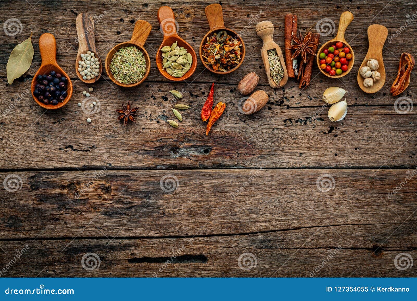 Various Herbs and Spices in Wooden Spoons . Stock Image - Image of herb ...
