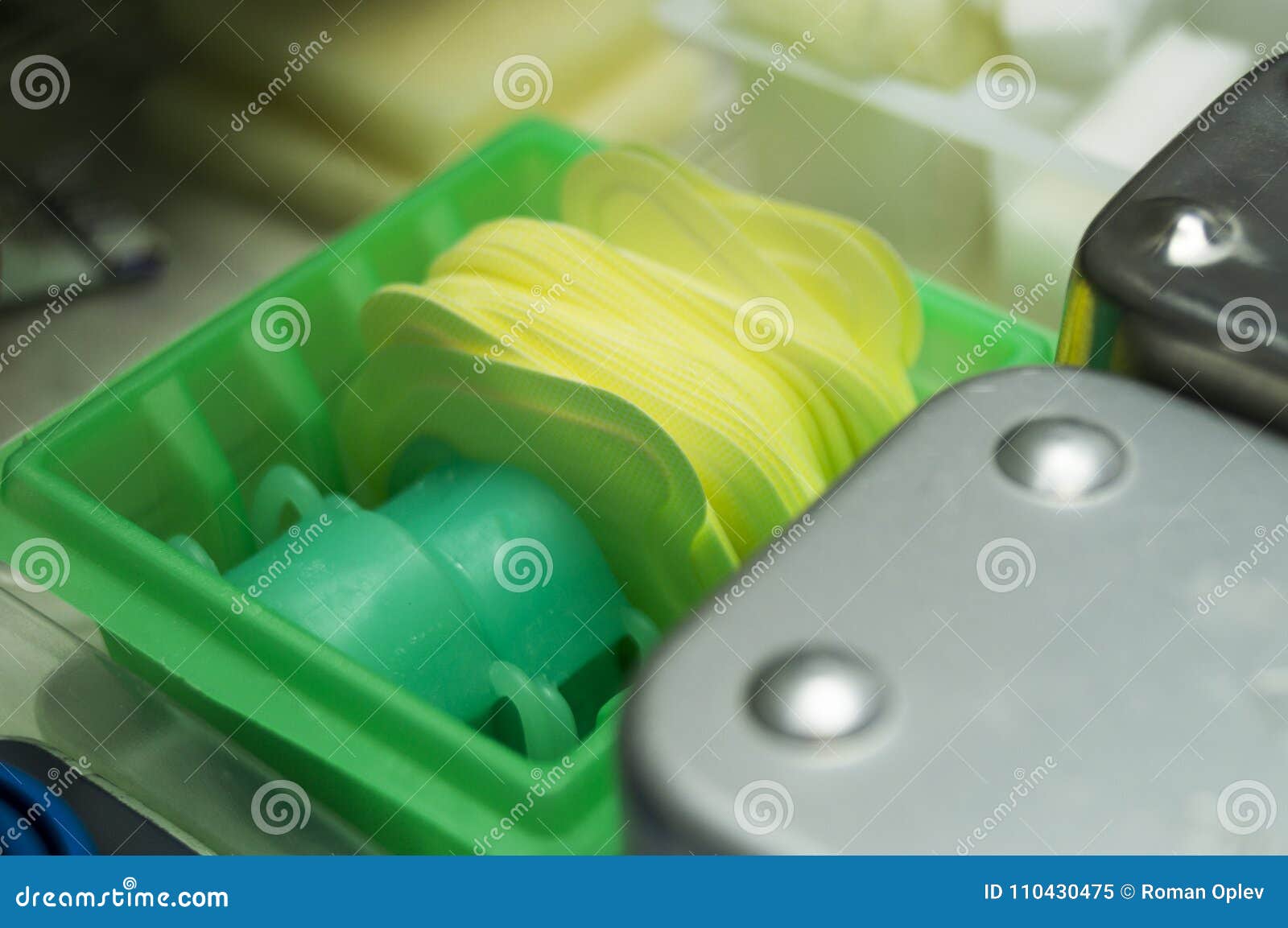 Various Instruments, Medications and Painkillers in a Dentist`s Support