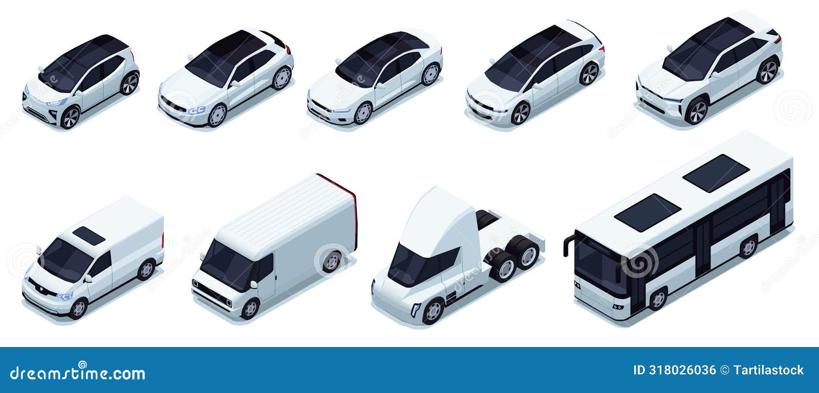 various isometric car. logistic delivery vehicles with cargo trailer, truck van car and motorcycle for transport company