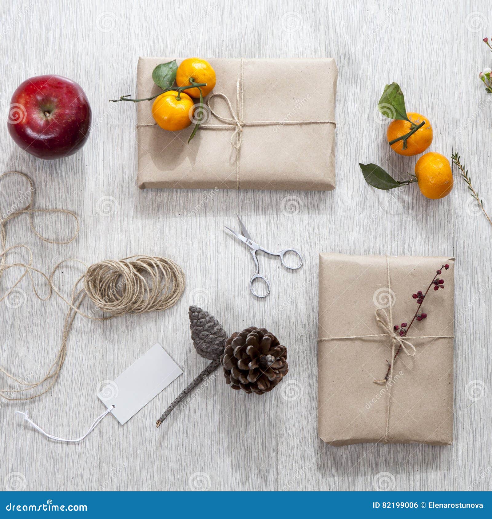 Various Items For Gift Wrapping Are On The Table. Stock Photo - Image Of  Number, Apple: 82199006