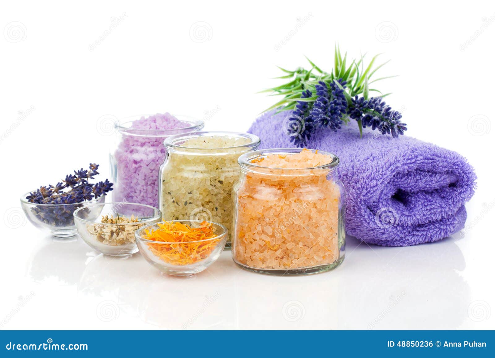 various kinds of bath salt with flowers