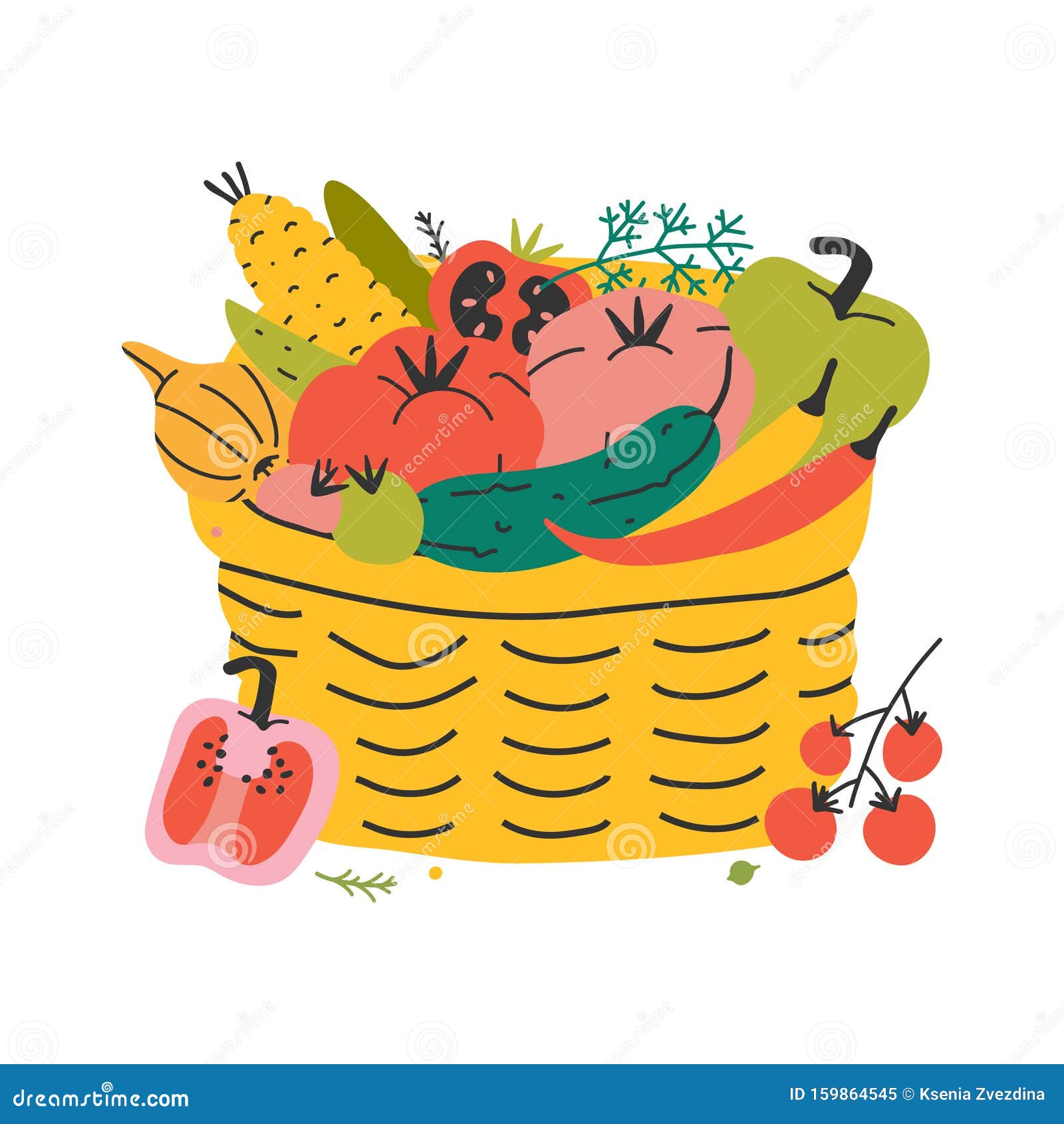 various kinds of vegetales put in picnic wicker basket for farming organic food festifal. concept of organic vegetarian healthy di