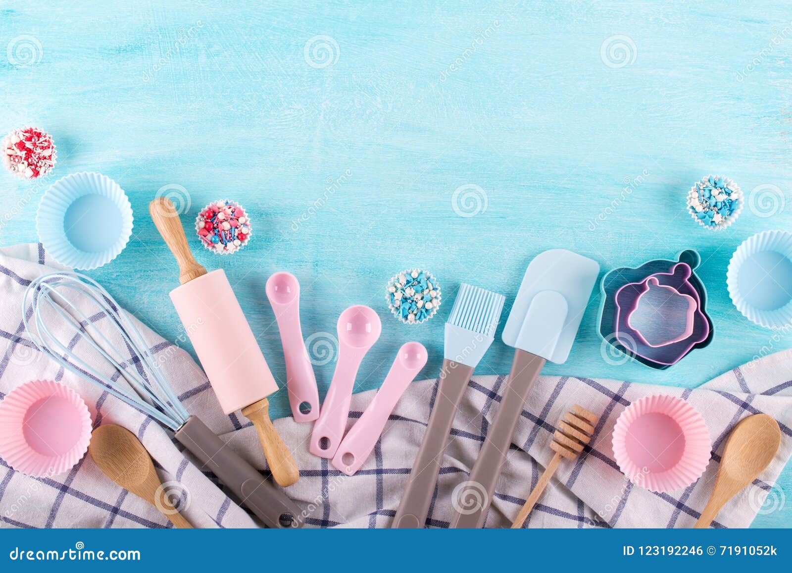 various kitchen baking utensils. flat lay. mockup for recipe on blue background.