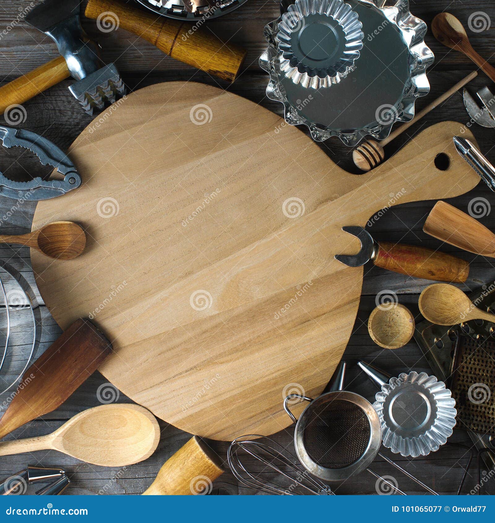 Various Kitchen Utensils on Rustic Wooden Table Stock Image Image of