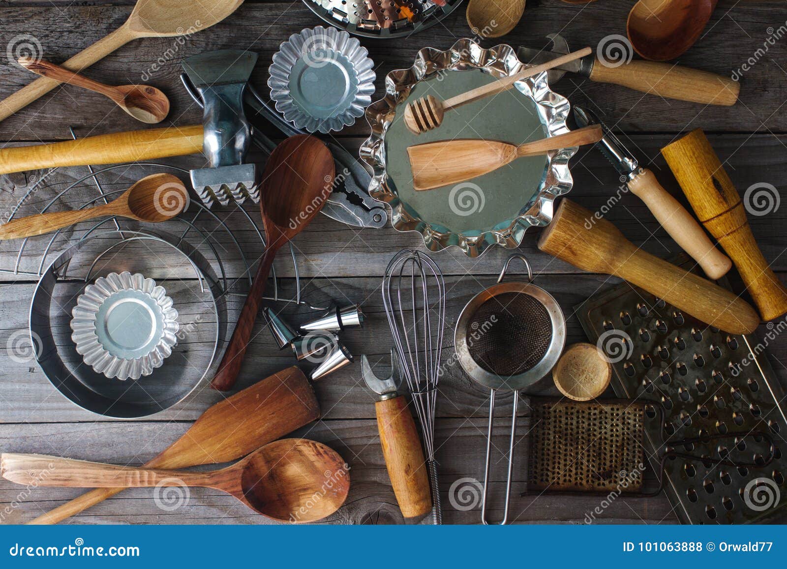 Various Kitchen Utensils on Rustic Wooden Table Stock Photo Image of