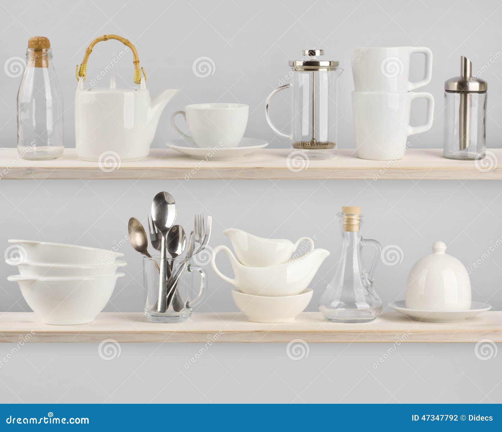 Various Kitchen Utensils on Wooden Shelves Stock Photo Image of clean