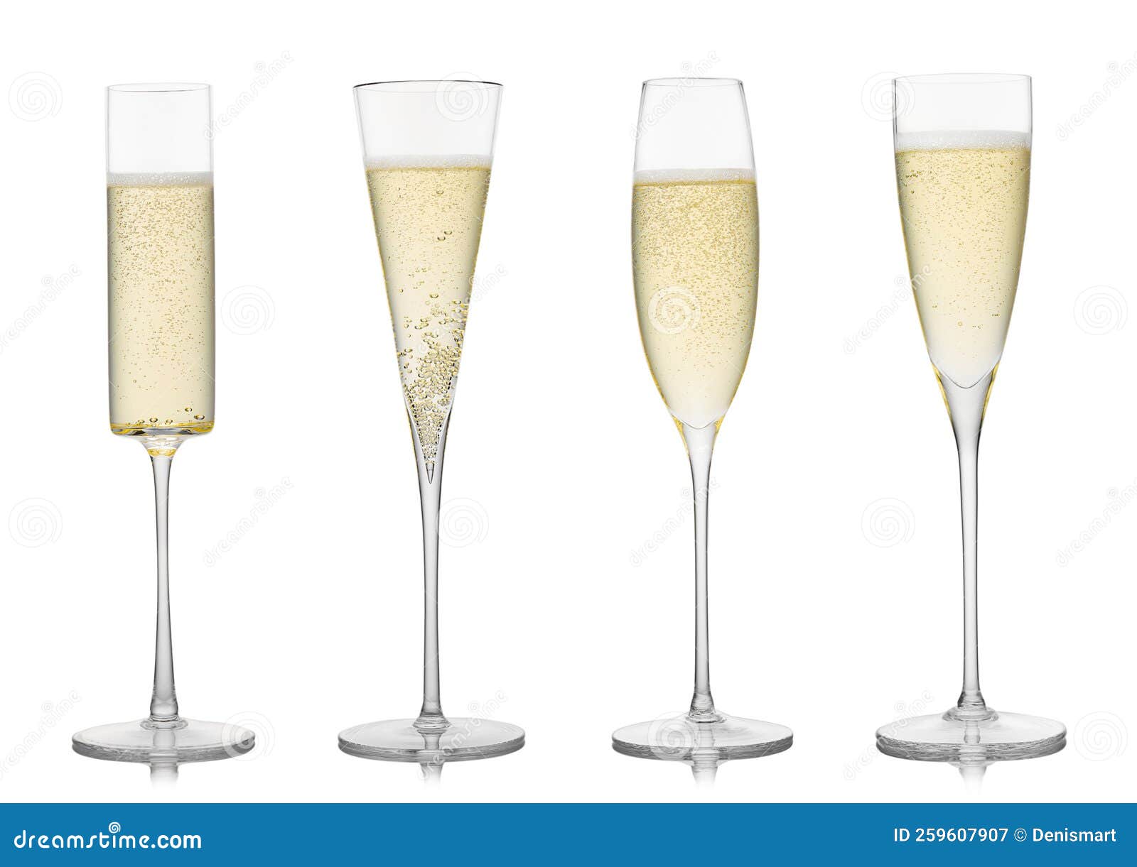 Various Luxury Crystal Handmade Champagne Glasses on White Background