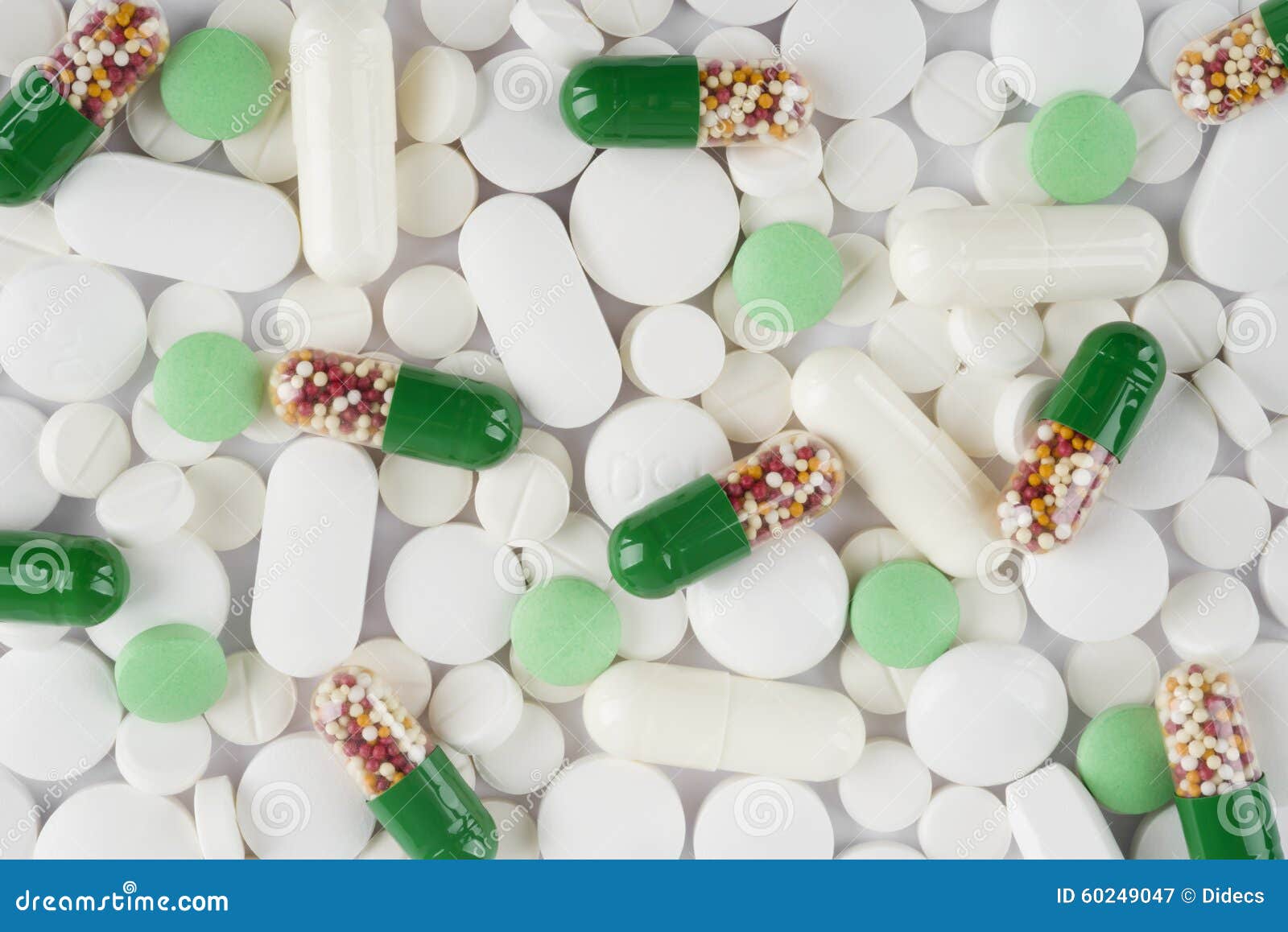Various Medicine Capsules, Pills And Tablets Background Stock Image