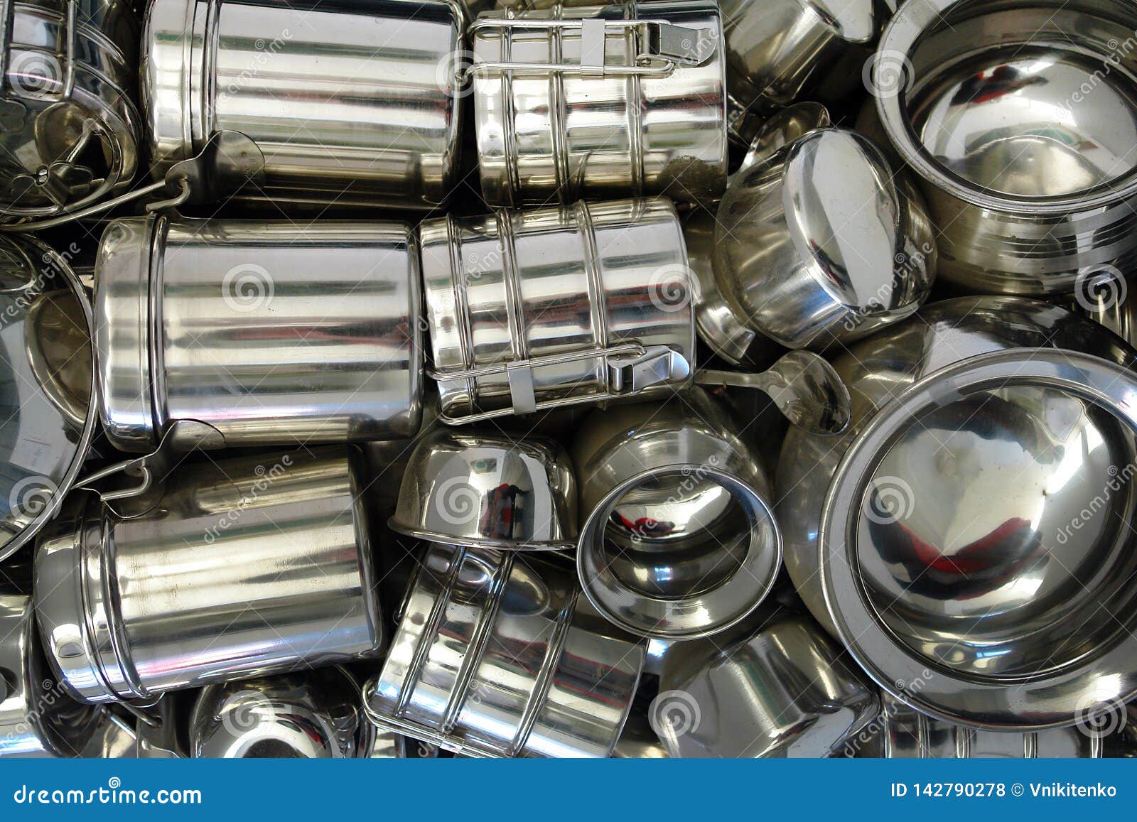 Various metal utensils stock photo. Image of pans, food 142790278