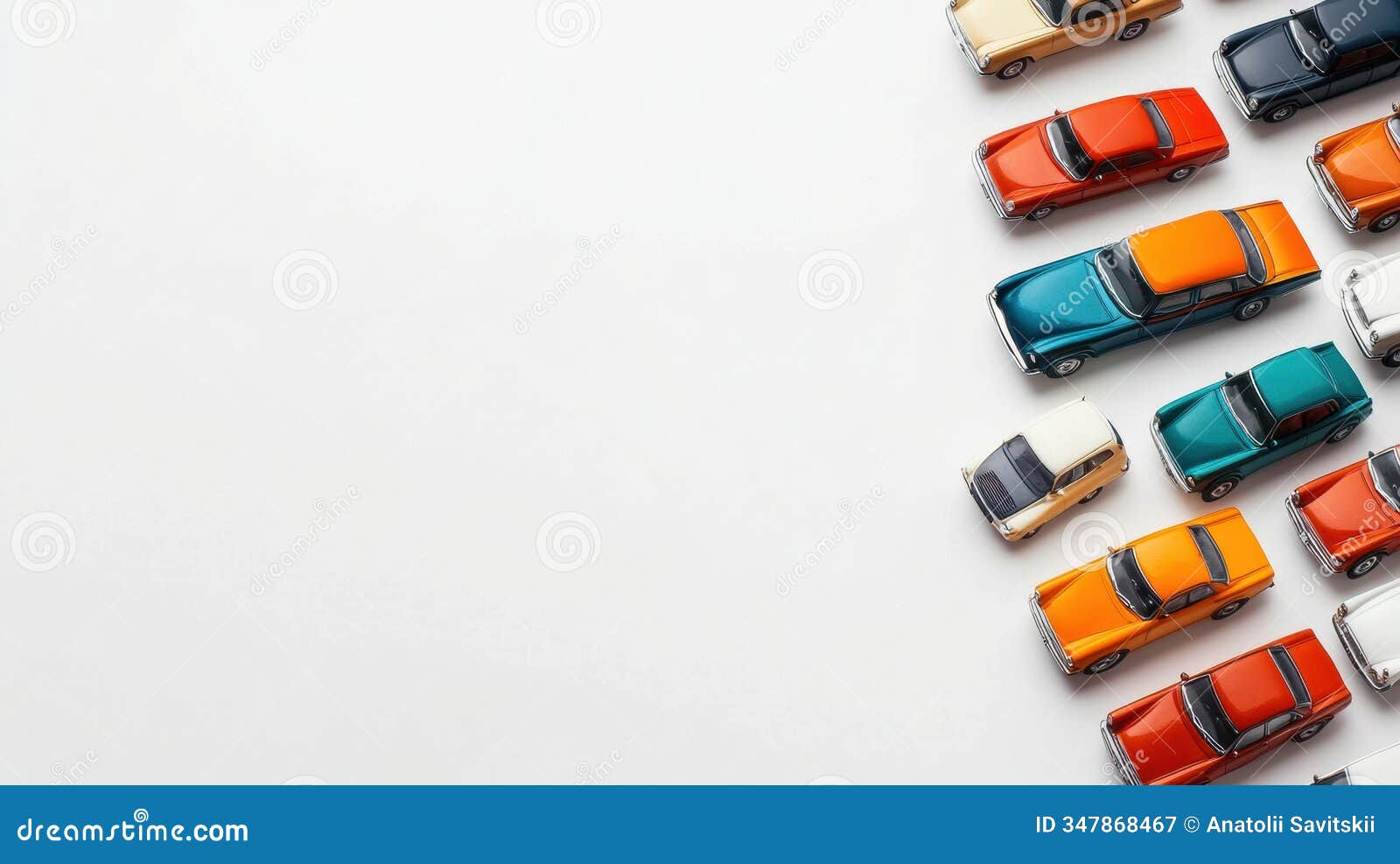 various miniature car models are arranged neatly on a white background, leaving space for text or  s to