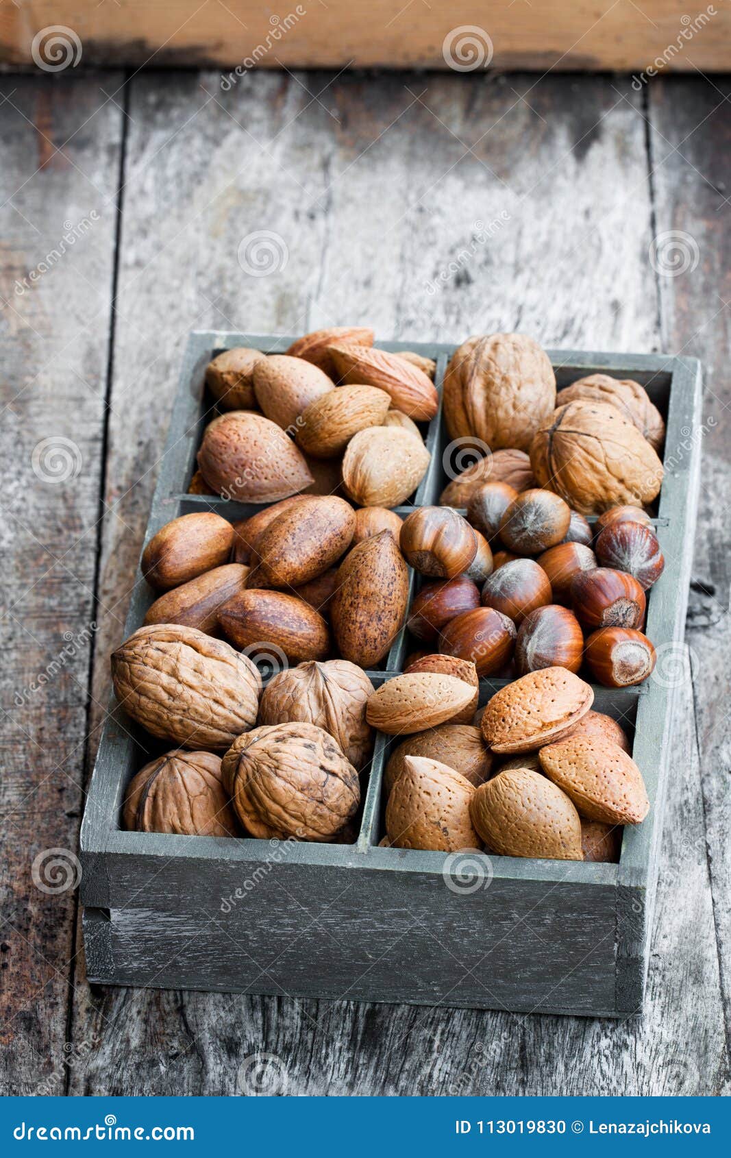 Various Nuts in Wooden Box on Rustic Table Stock Photo Image of fresh