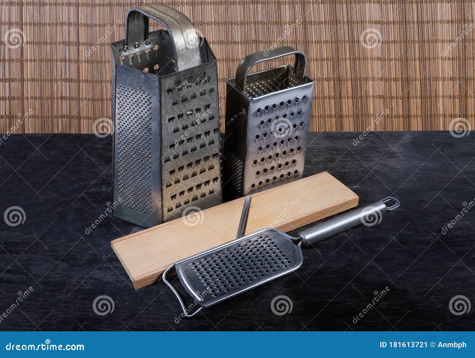 Various Old Kitchen Graters on the Black Surface Stock Image Image of