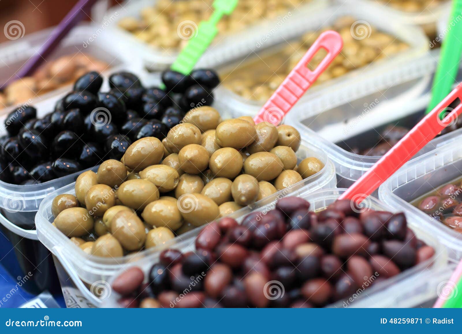 Various olives at market stock image. Image of fruit 48259871