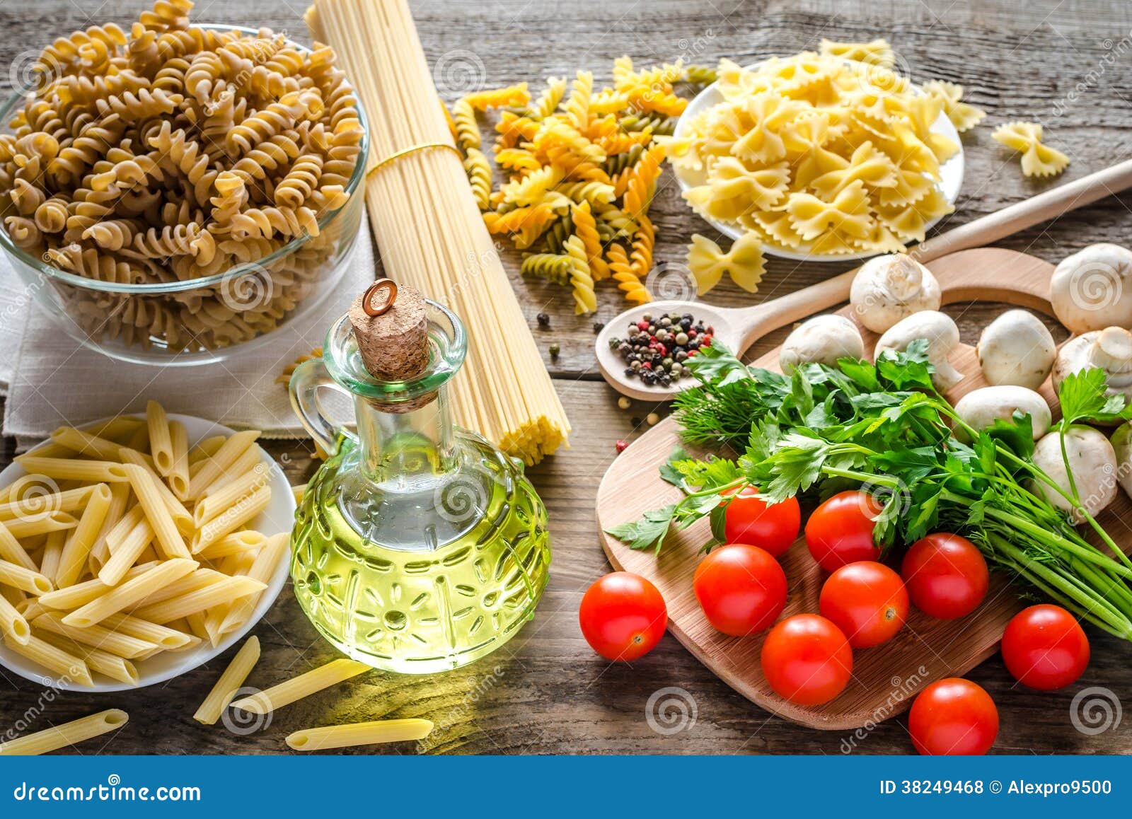 Various Pasta with Mushrooms and Cherry Tomatoes Stock Photo Image of