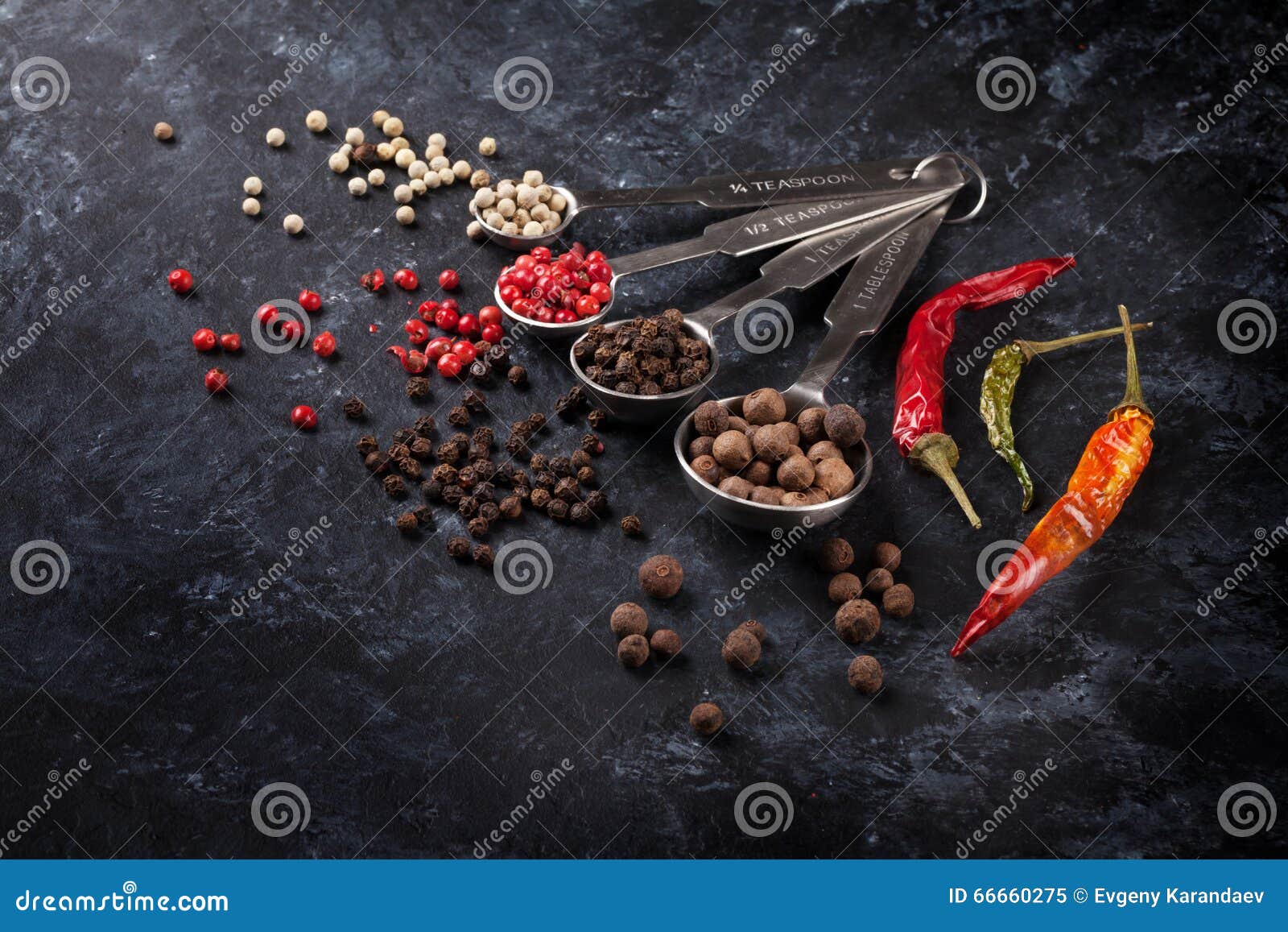 Various Peppercorn and Chili Pepper Stock Image Image of table, rustic 66660275