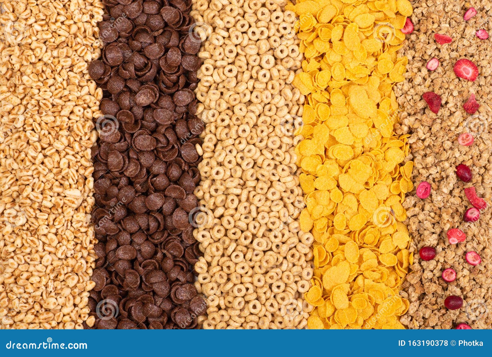 Various Breakfast Cereals Background, Top View Stock Photo Image of
