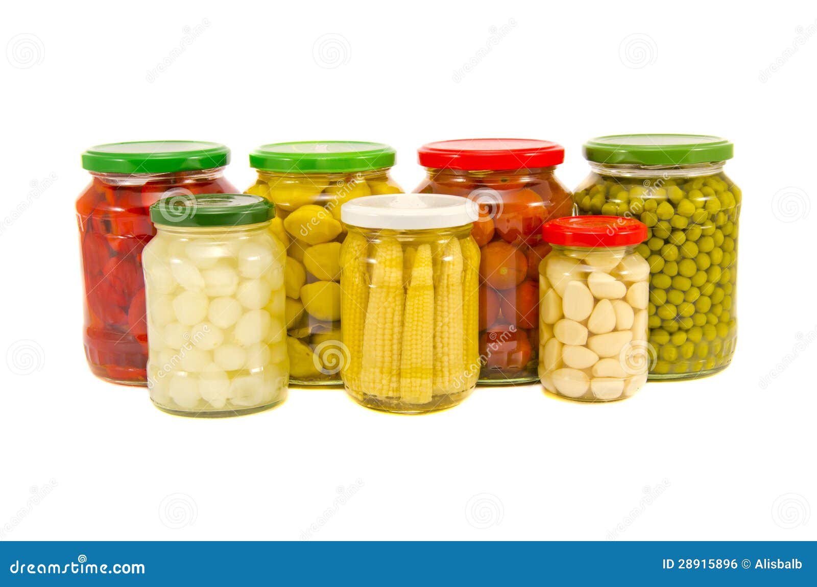 Various Potted Vegetables Glass Jars Isolated On White Stock Photo