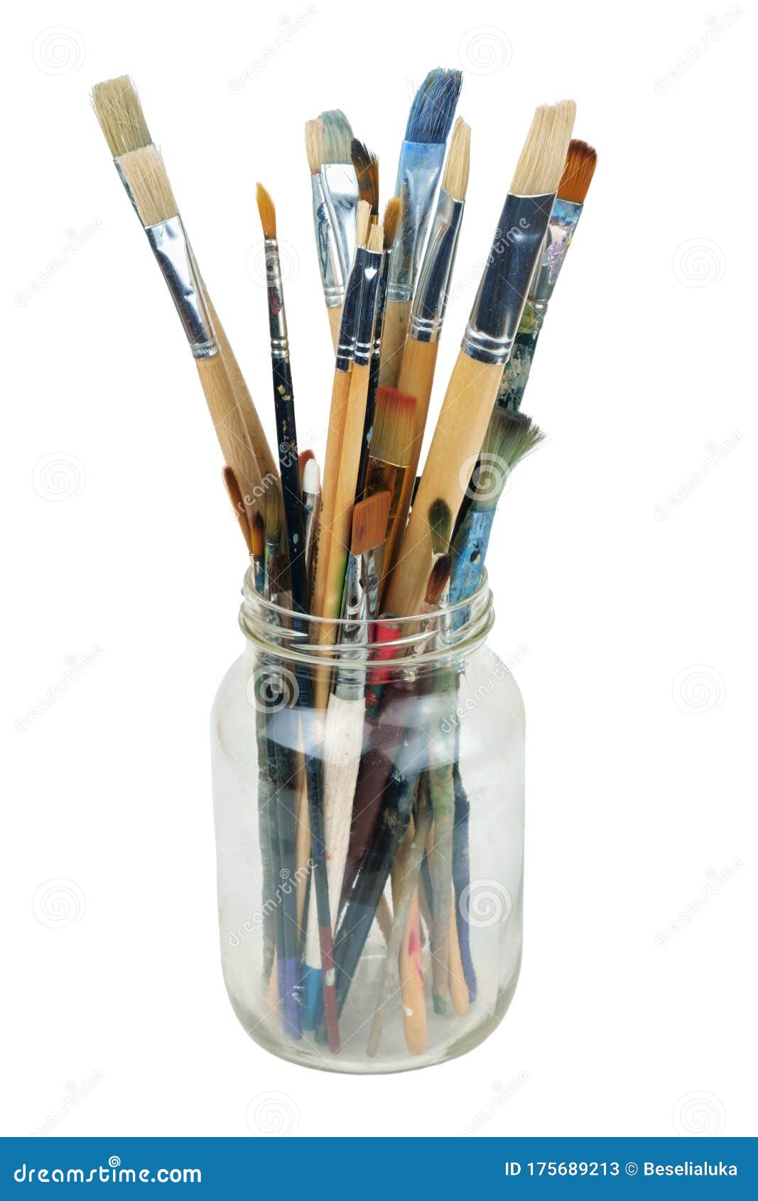 Various Professional Paint Brushes In The Transparent Jar Stock Image
