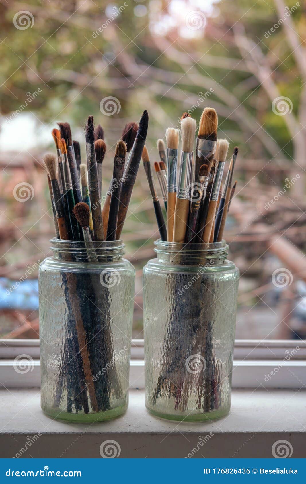 Various Professional Paint Brushes In The Transparent Jars Stock Photo Image of designer