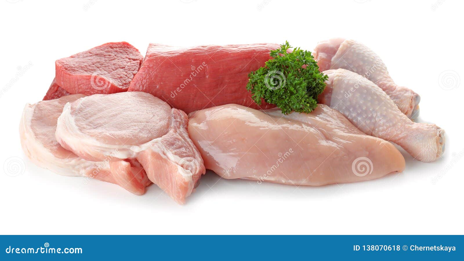 various raw meats with parsley