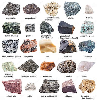 Various Raw Minerals with Names Isolated on White Stock Image - Image ...