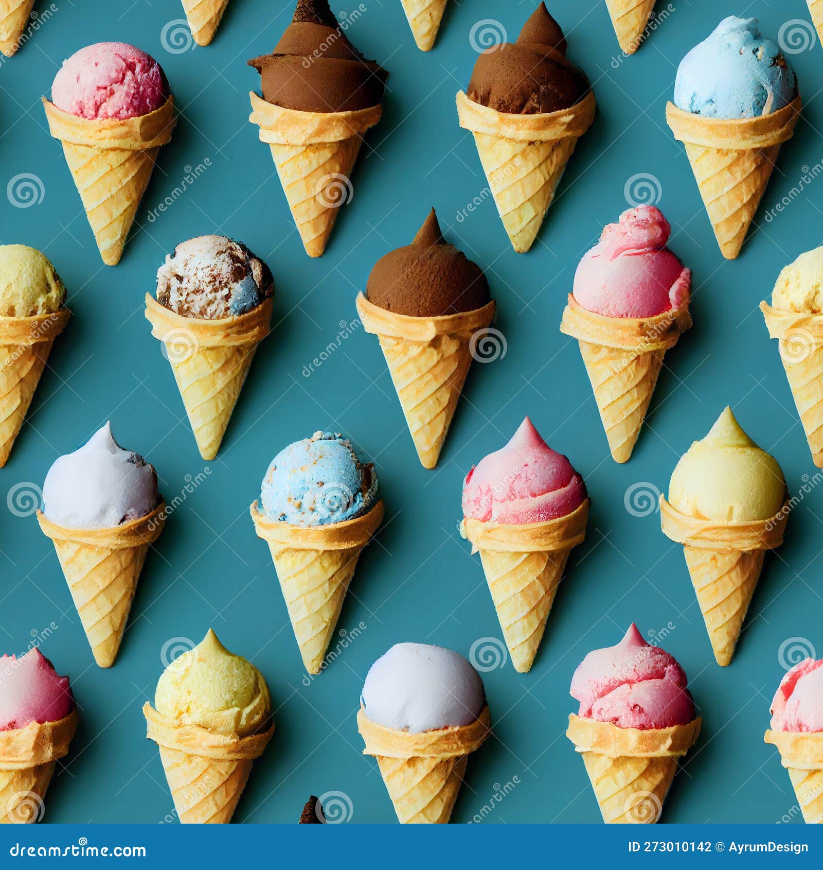 Various Scoops for Ice Cream with a Waffle Cone. Seamless Pattern