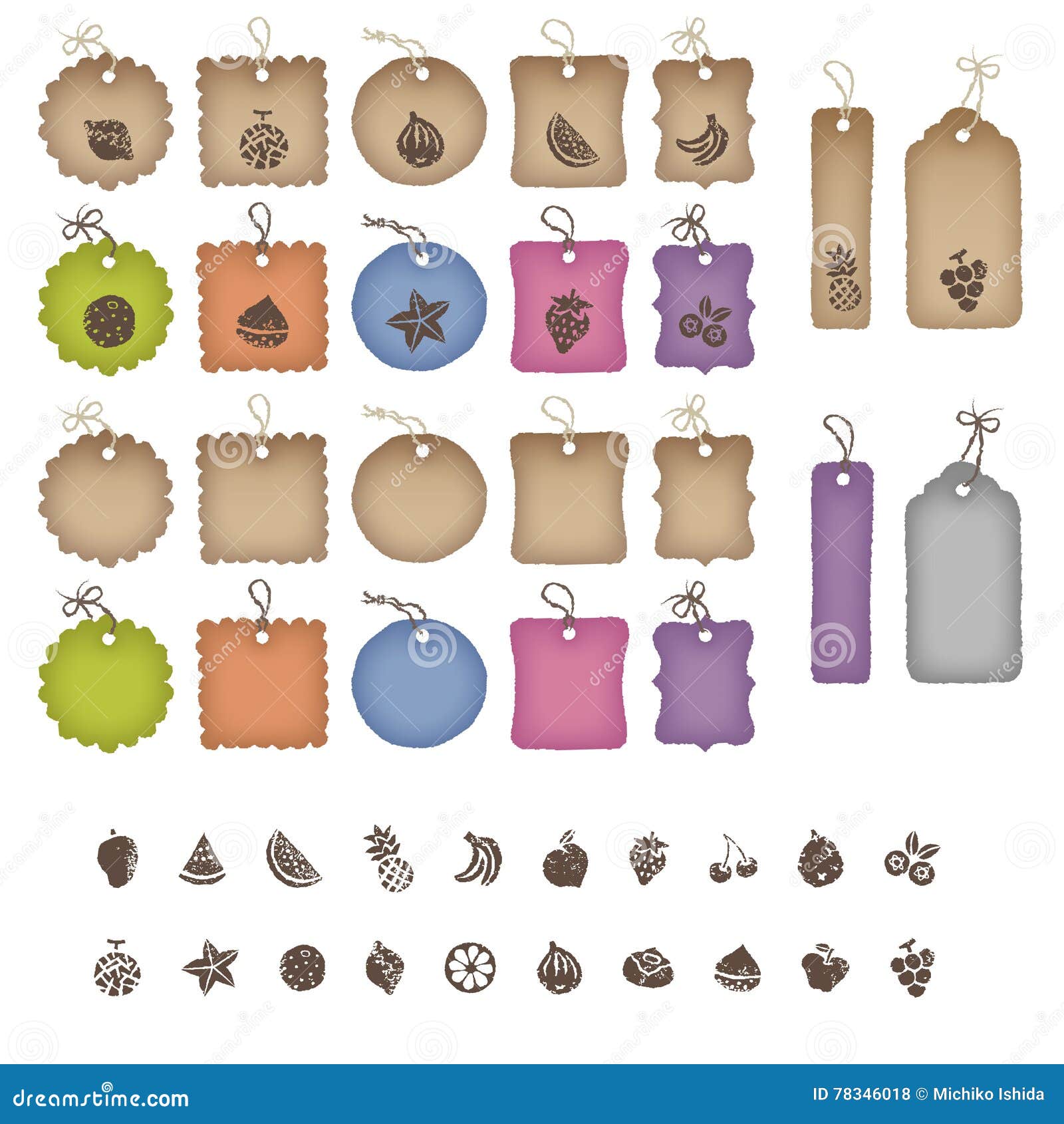 Various Shaped Price Tags and Fruits Illustrations Stock Vector