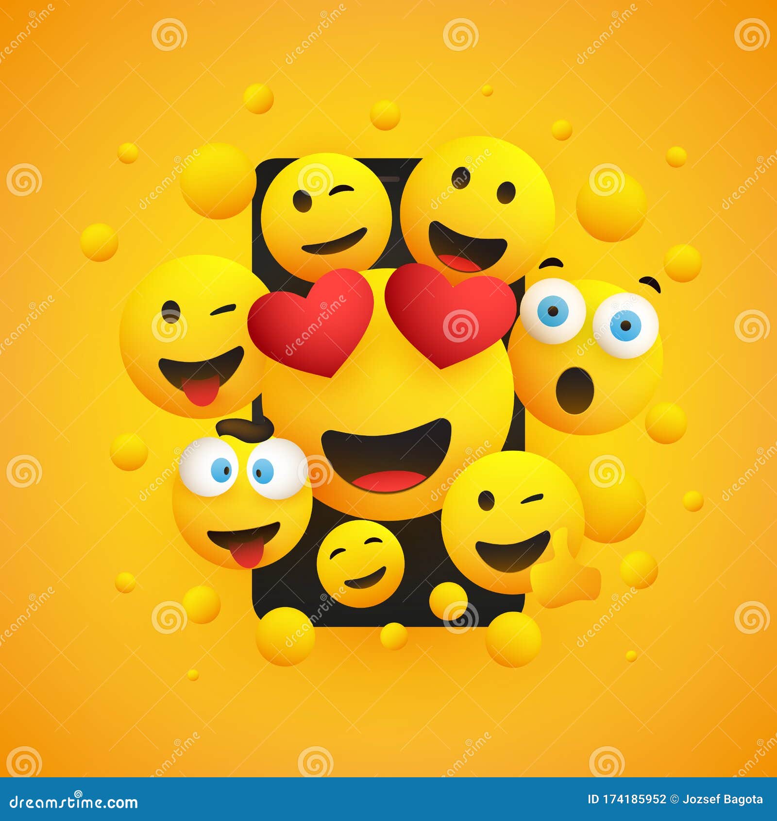 Various Smiling Happy Yellow Emoticons Design, Group of Funny People in  Front of a Smartphone Screen Stock Vector - Illustration of front,  entertainment: 174185952