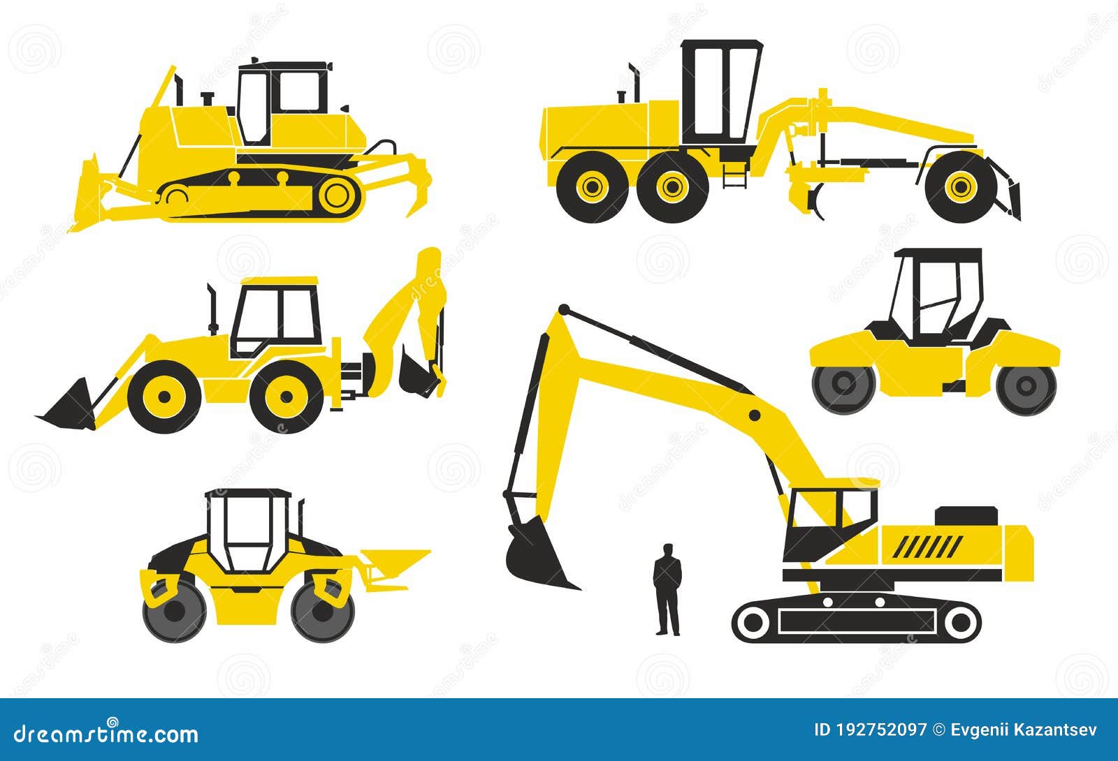 various special vehicles for road construction. stylish simplified icons. excavators, rollers and bulldozers