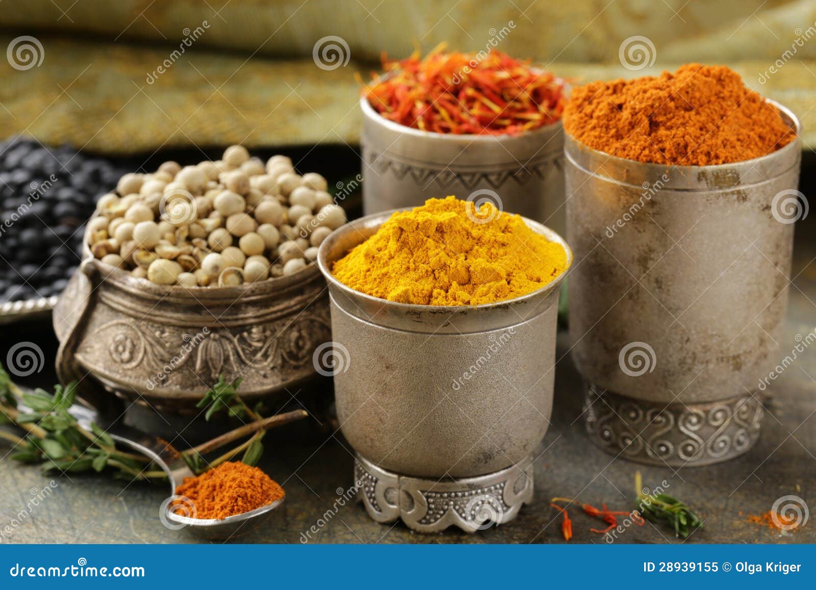 Various Spices (turmeric, Paprika, Saffron, Coriander) Stock Image