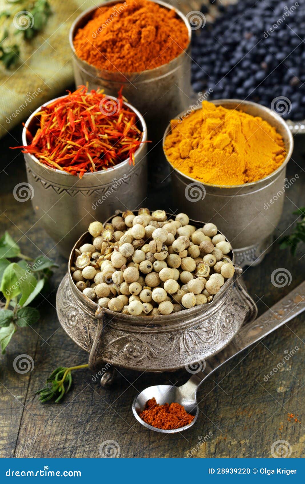 Various Spices (turmeric, Paprika, Saffron, Coriander) Stock Photo