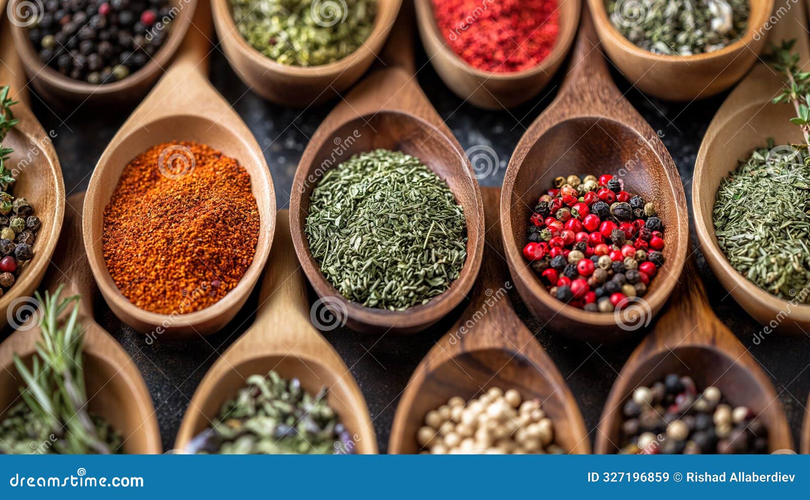 various spices in wooden spoons on dark surface