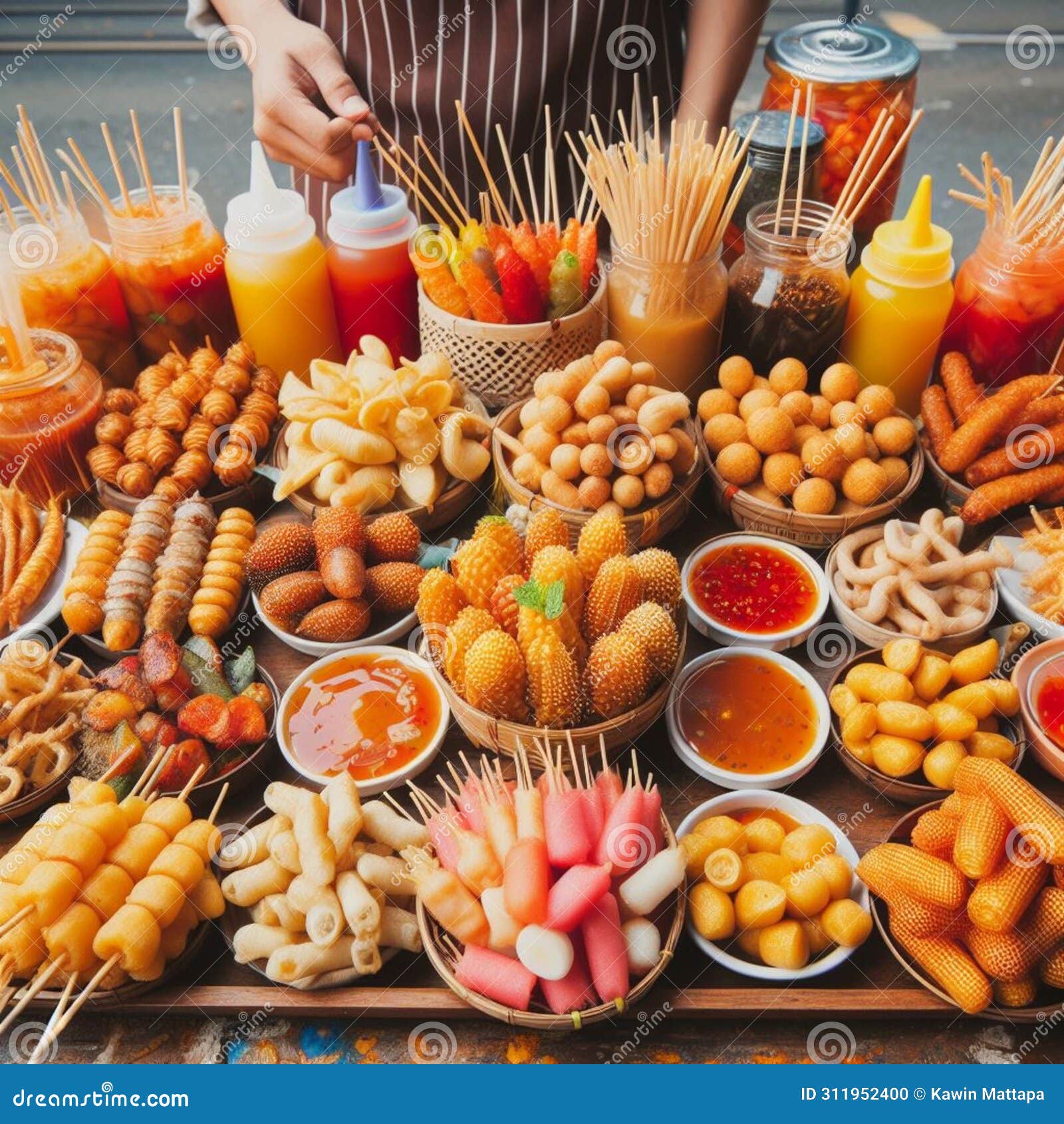 Various Street Food Snacks Sell by Street Food Seller Background Stock