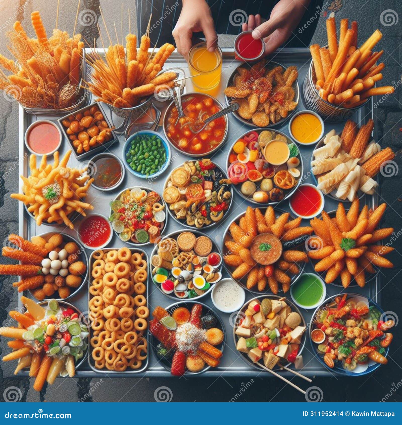 Various Street Food Snacks Sell by Street Food Seller Background Stock