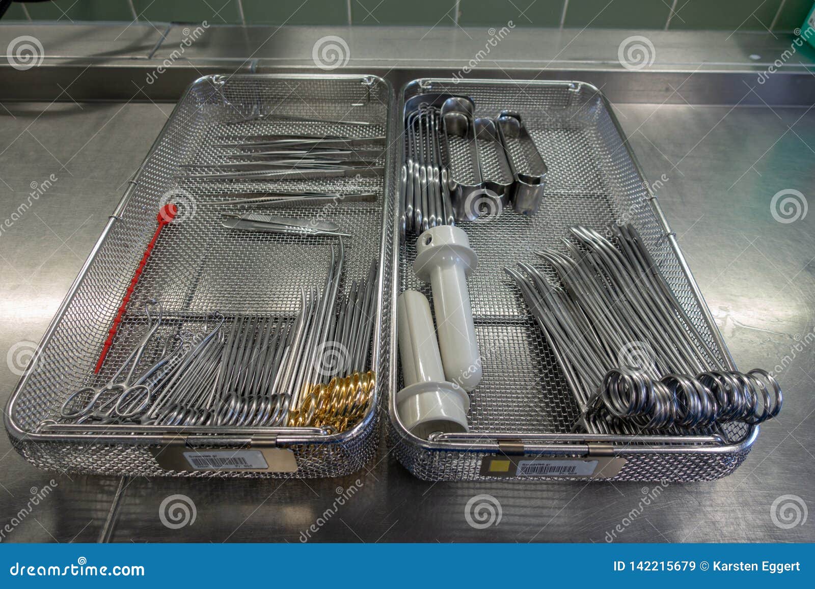 Various Sorted Surgical Instruments in a Tray of Metal Stock Image