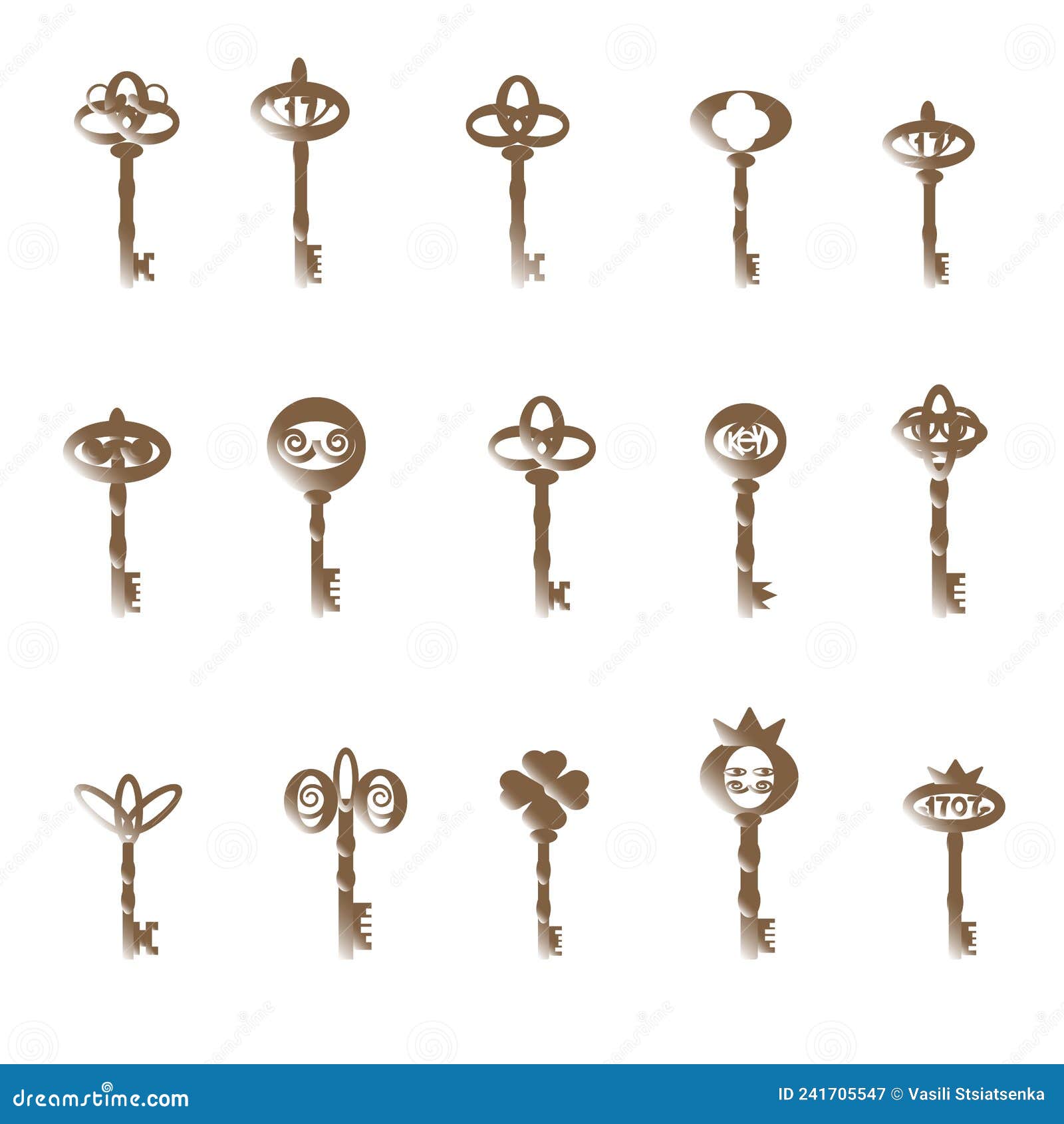 Various Types of Antique Keys with Decoration Elements Stock Vector