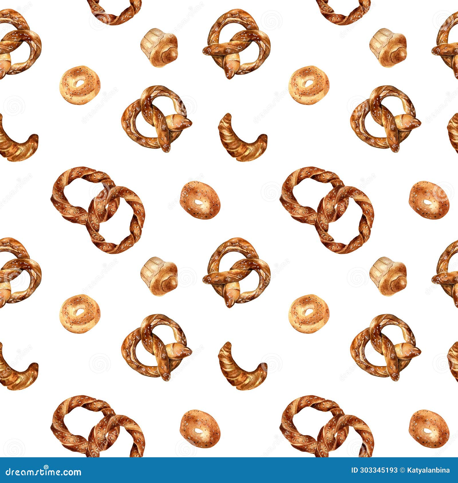 various types of baked goods watercolor seamless pattern  on white. hand drawn simit, pretzel for bakery