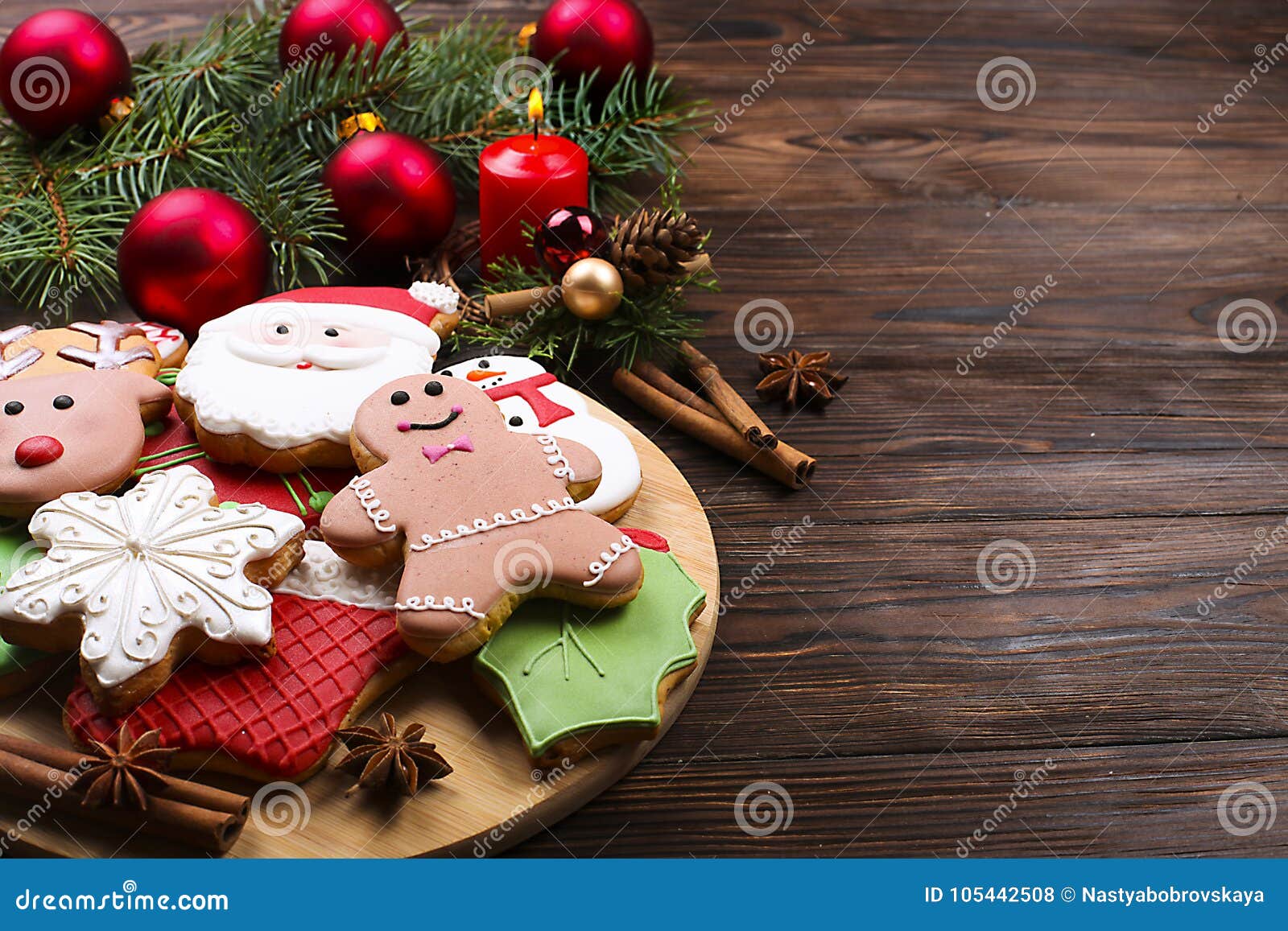 Various Types Of Christmas Gingerbread Cookies With Fir Tree Branches, Cinnamon Sticks, Anise ...