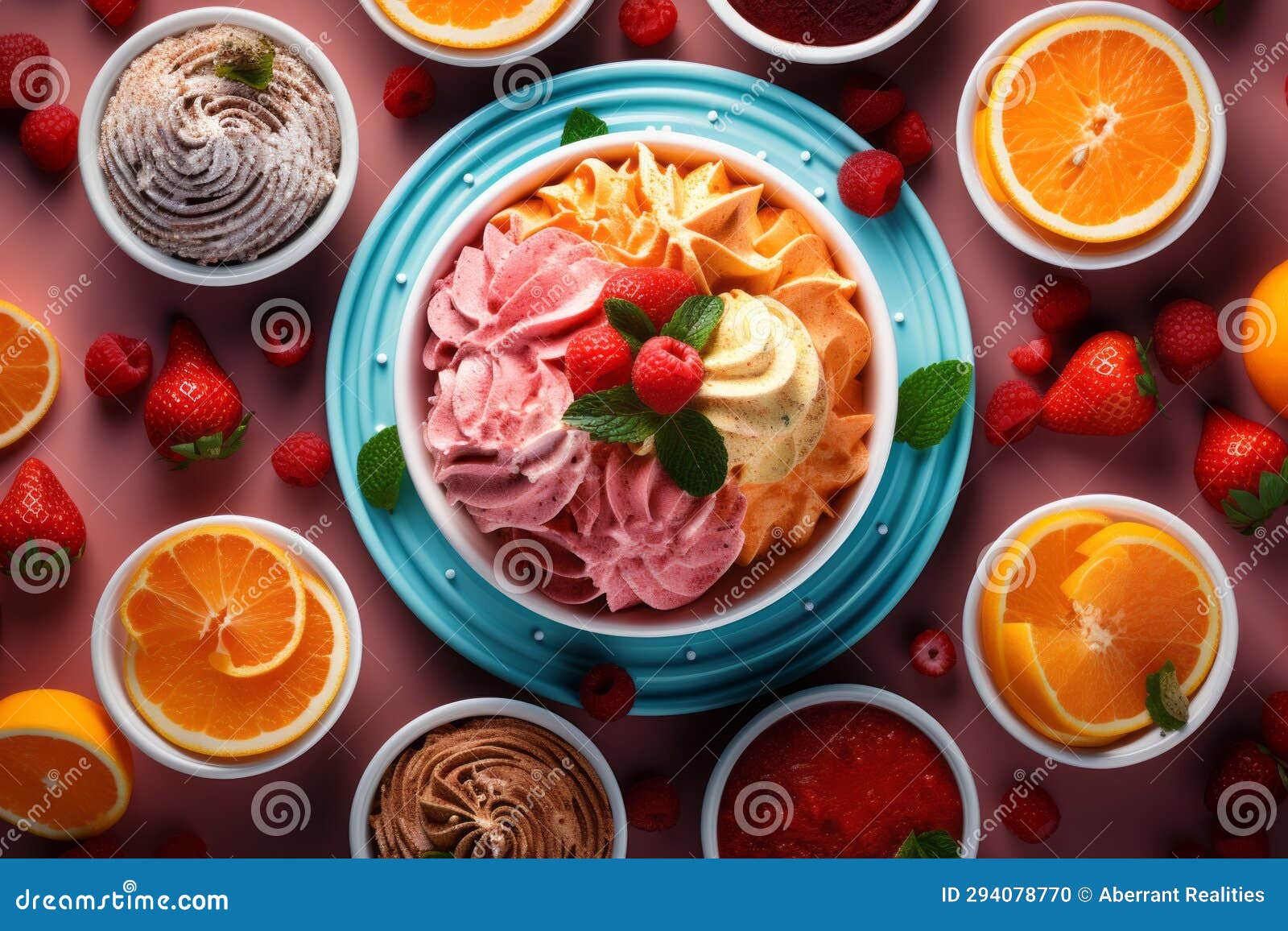 Various Types of Ice Cream in Bowls on a Pink Background Stock