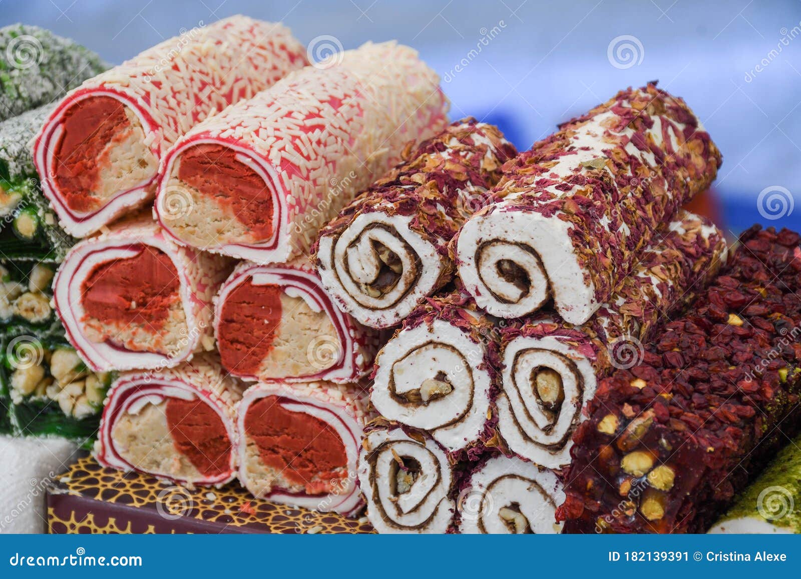Various Types Or Many Colorful Assortment Of Turkish Delights Rolls For Sale In A Shop In Istanbul Stock Image Image Of Arabic Dessert 182139391