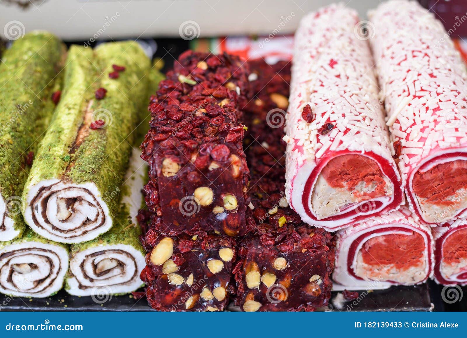 Various Types Or Many Colorful Assortment Of Turkish Delights Rolls For Sale In A Shop In Istanbul Stock Image Image Of Colored Counter 182139433