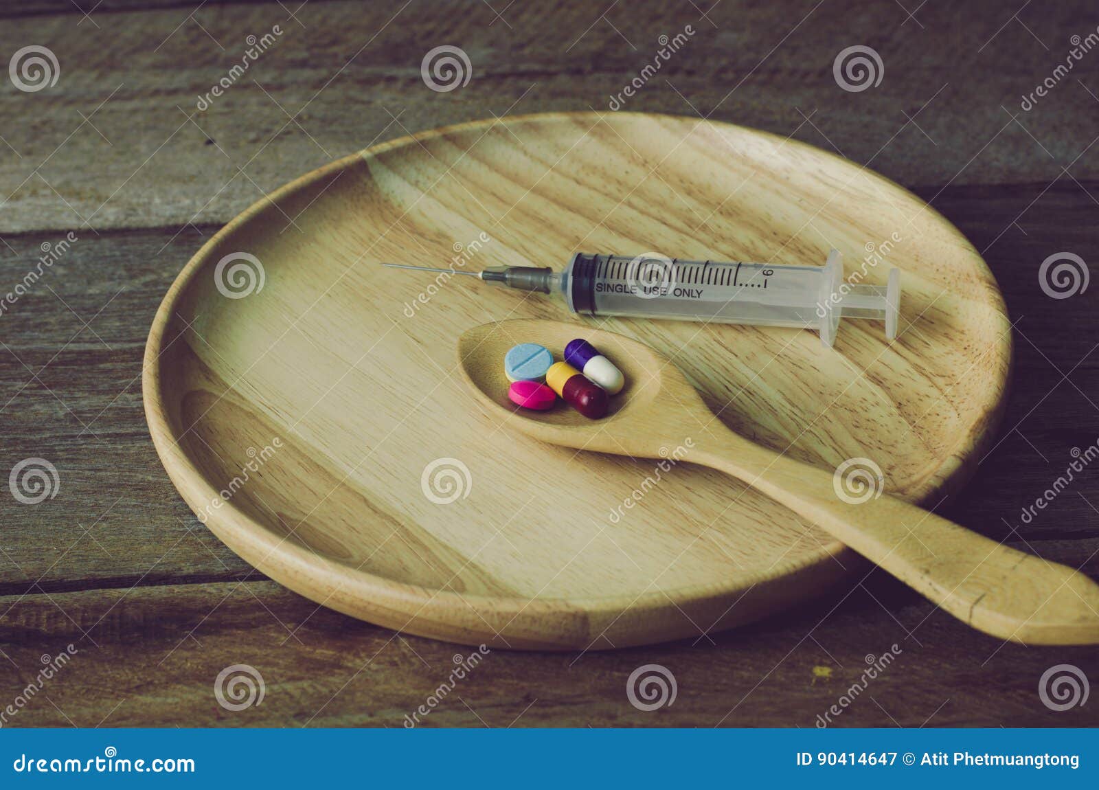 Various Types of Medicines, Syringes on Dish and Spoon Wooden. Stock